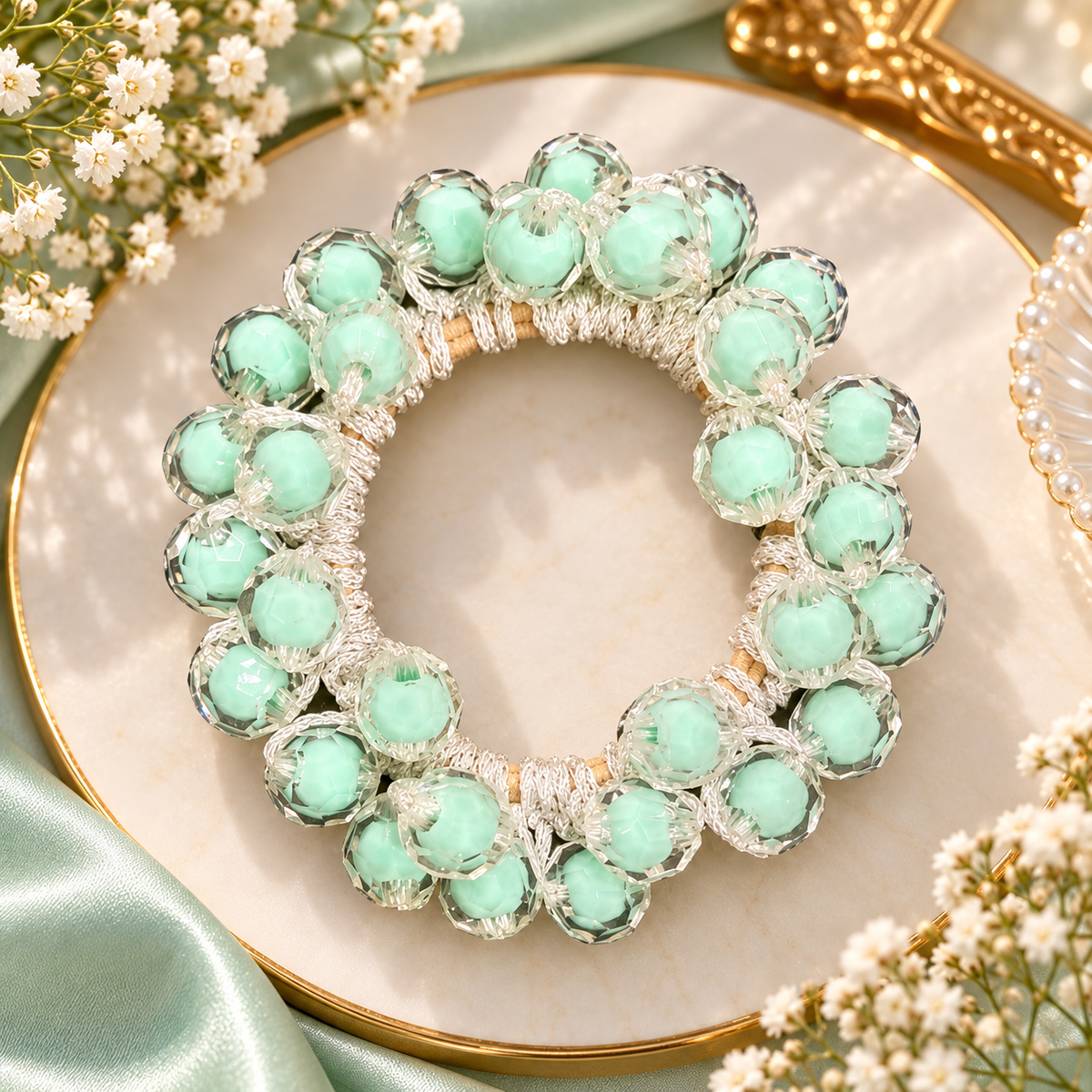 Mint Green Beaded Hair Tie