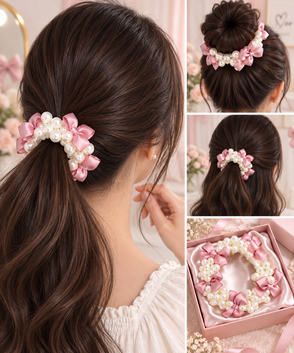 Pearl Beaded Pink Bow Hair Tie