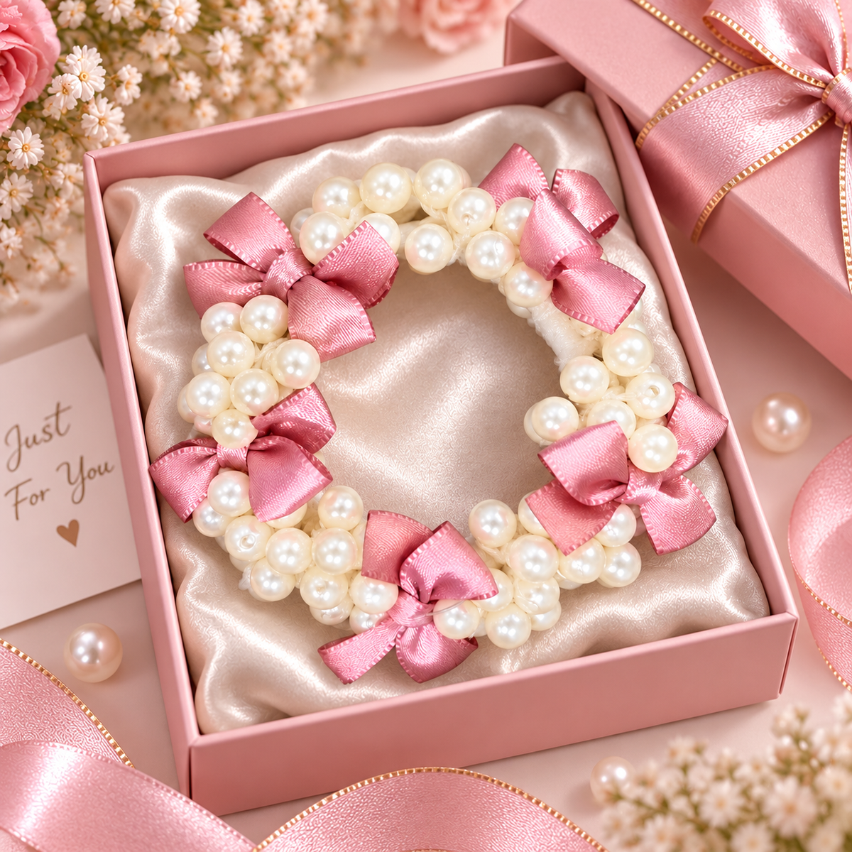 Pearl Beaded Pink Bow Hair Tie