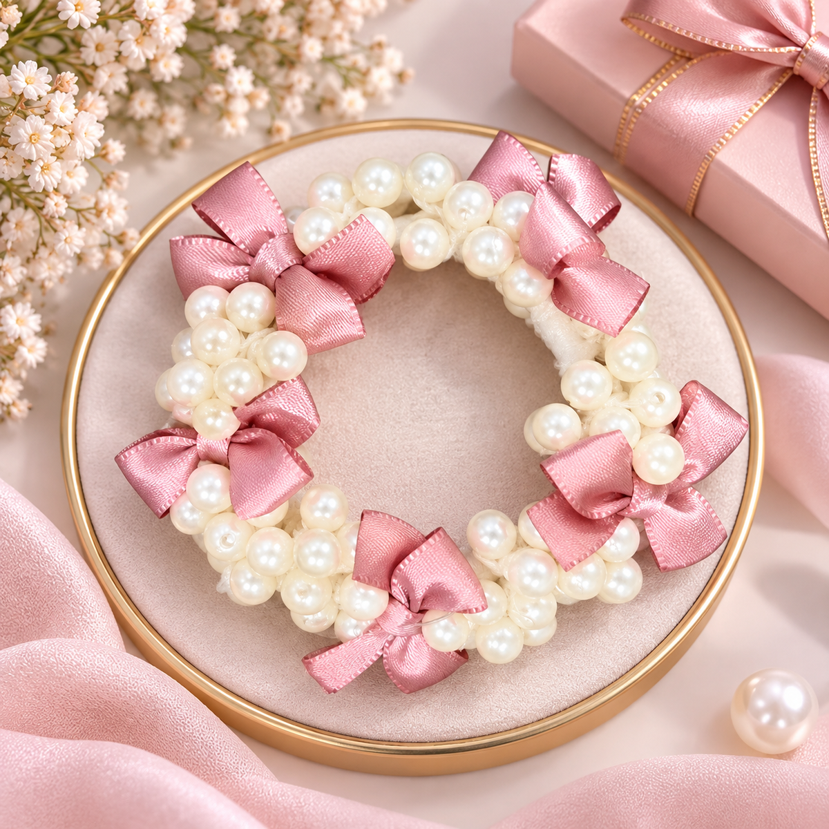Pearl Beaded Pink Bow Hair Tie