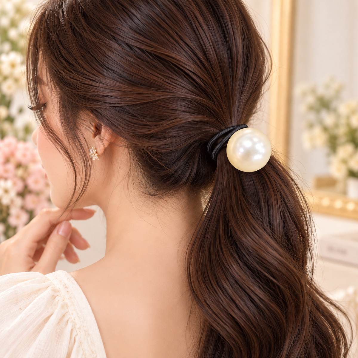 White Pearl Black Hair Tie