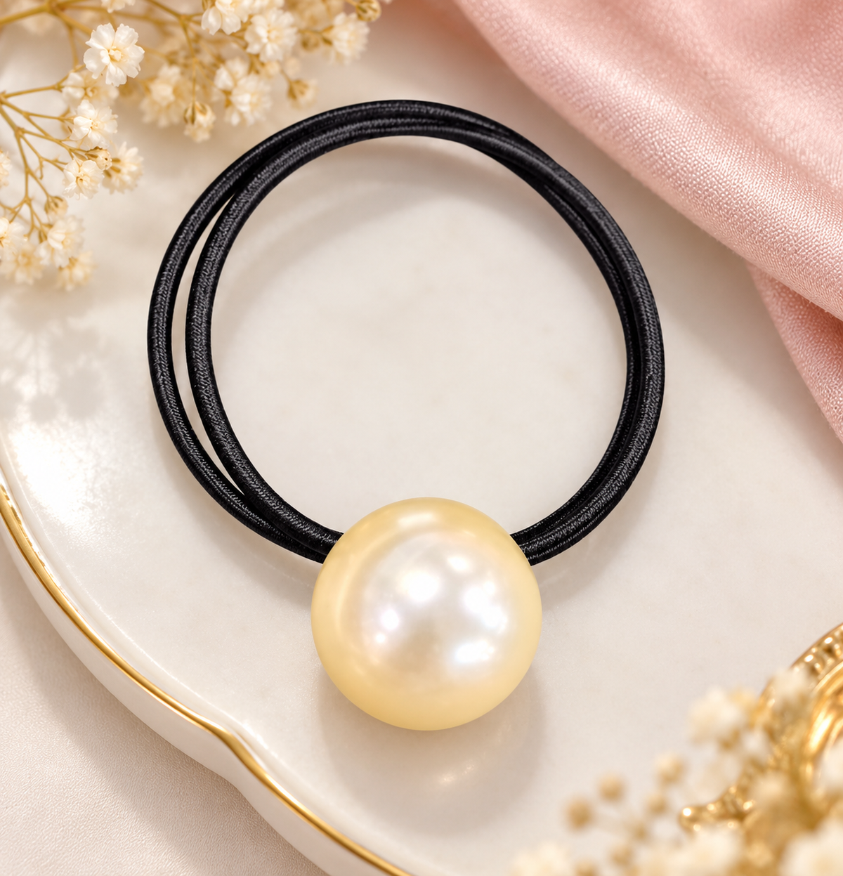 White Pearl Black Hair Tie