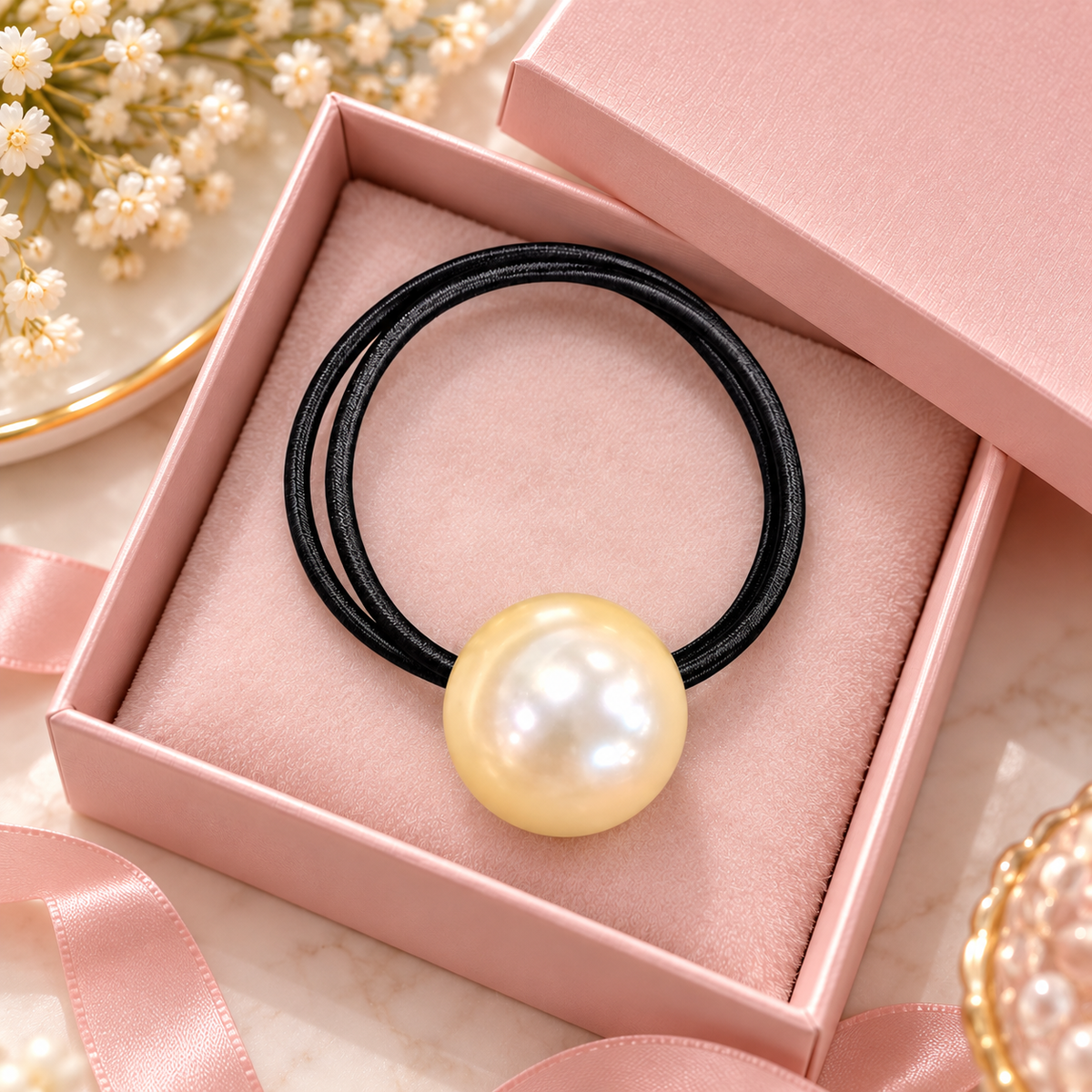 White Pearl Black Hair Tie