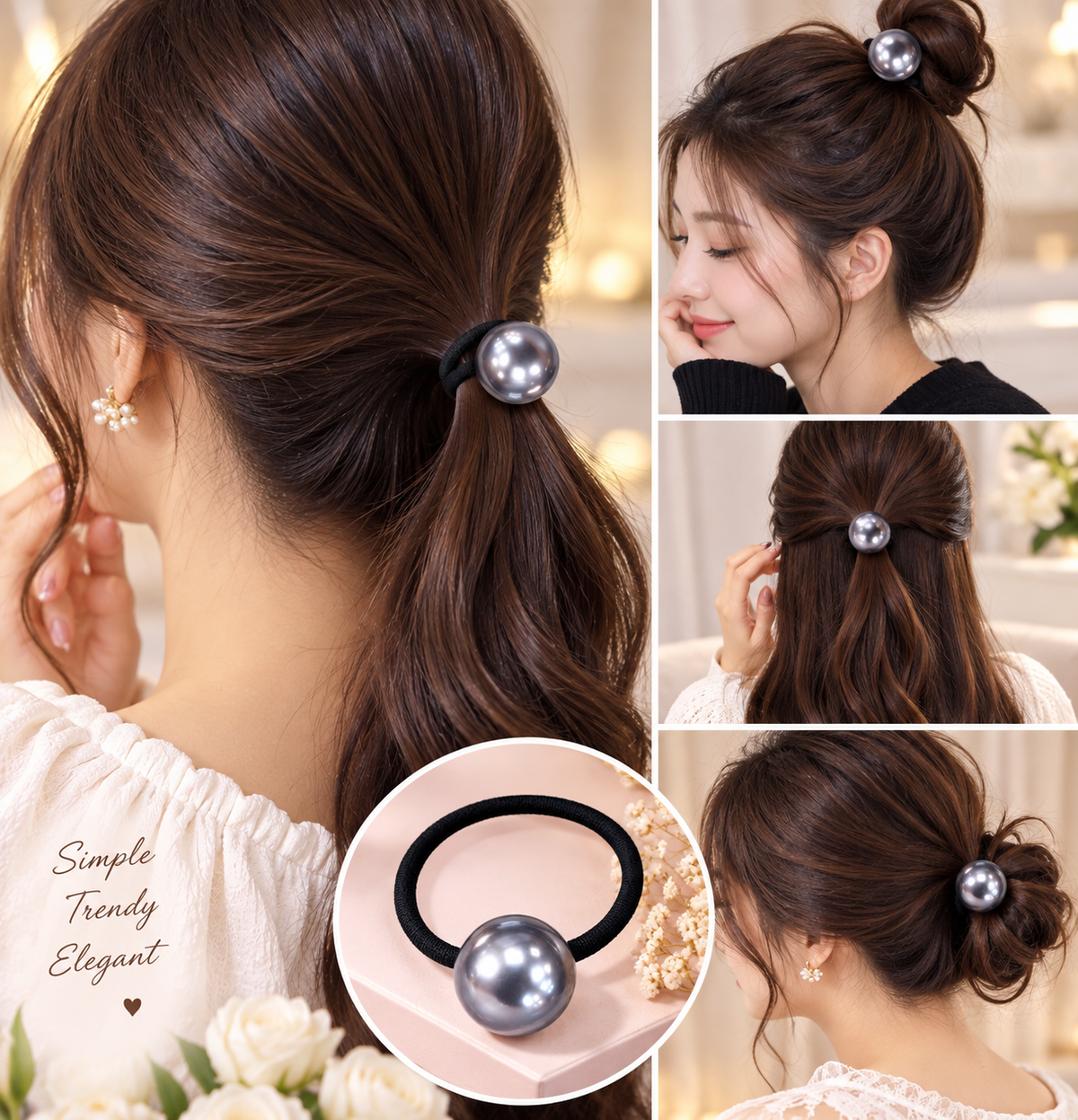 Grey Pearl Black Hair Tie