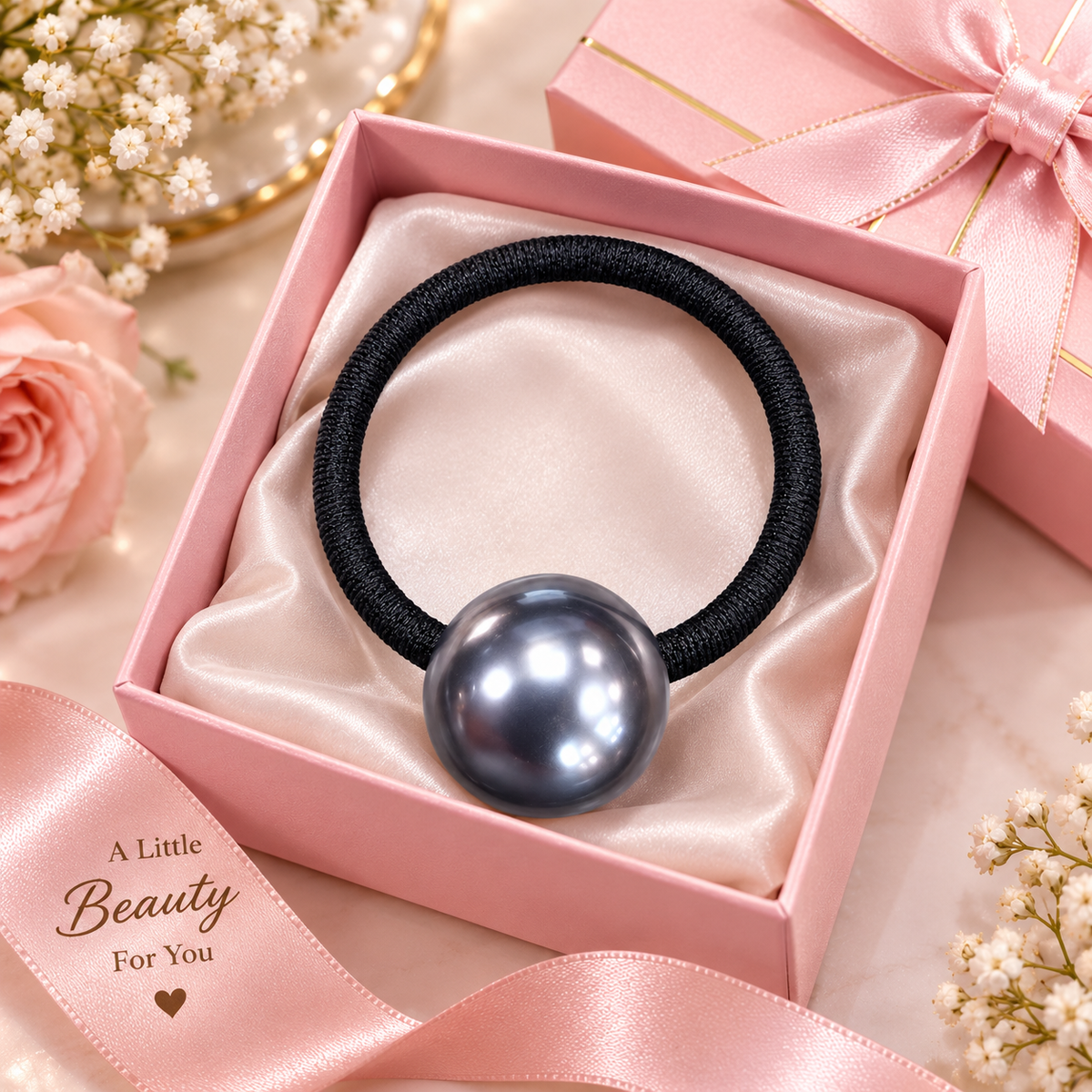 Grey Pearl Black Hair Tie
