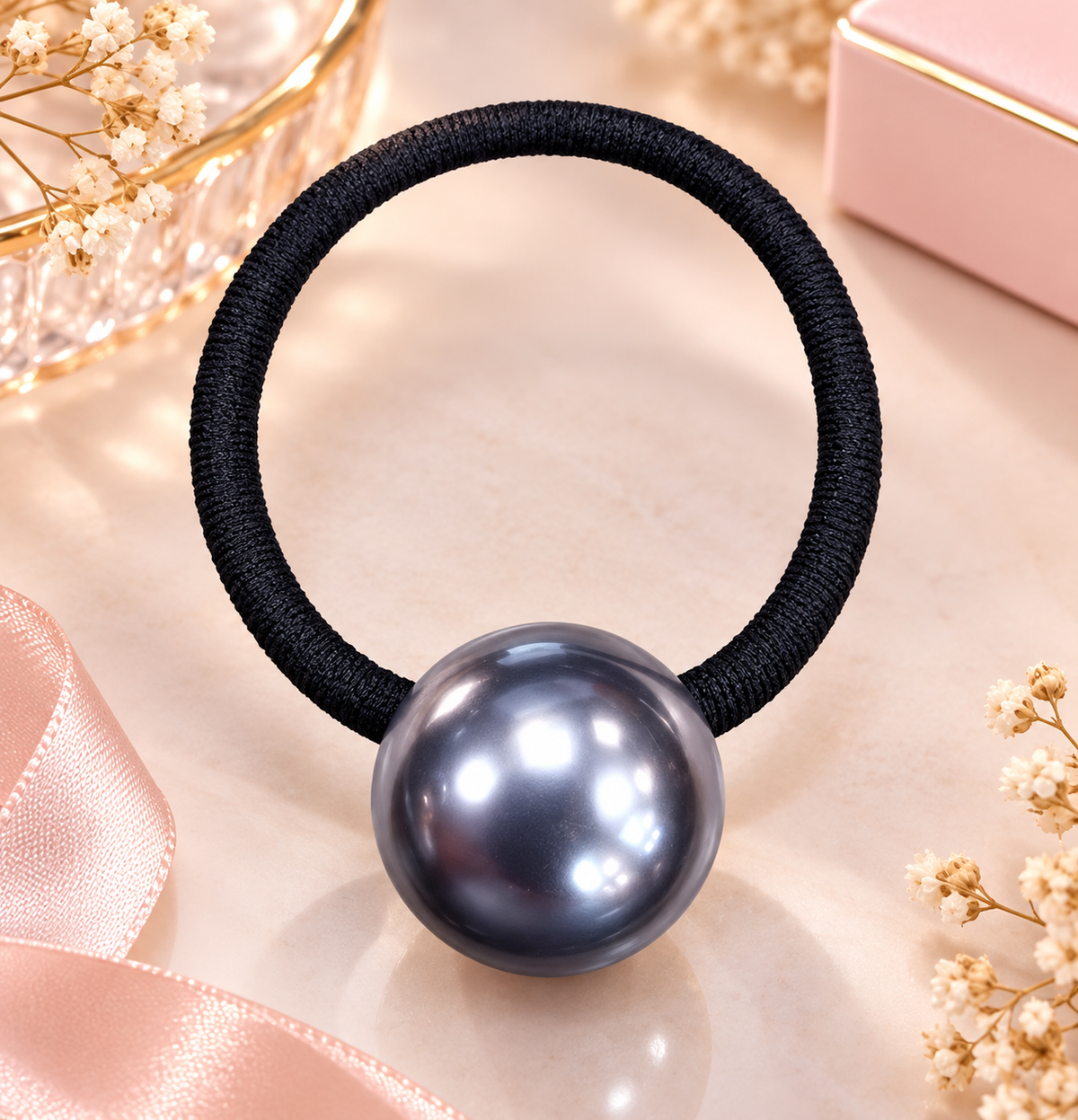 Grey Pearl Black Hair Tie