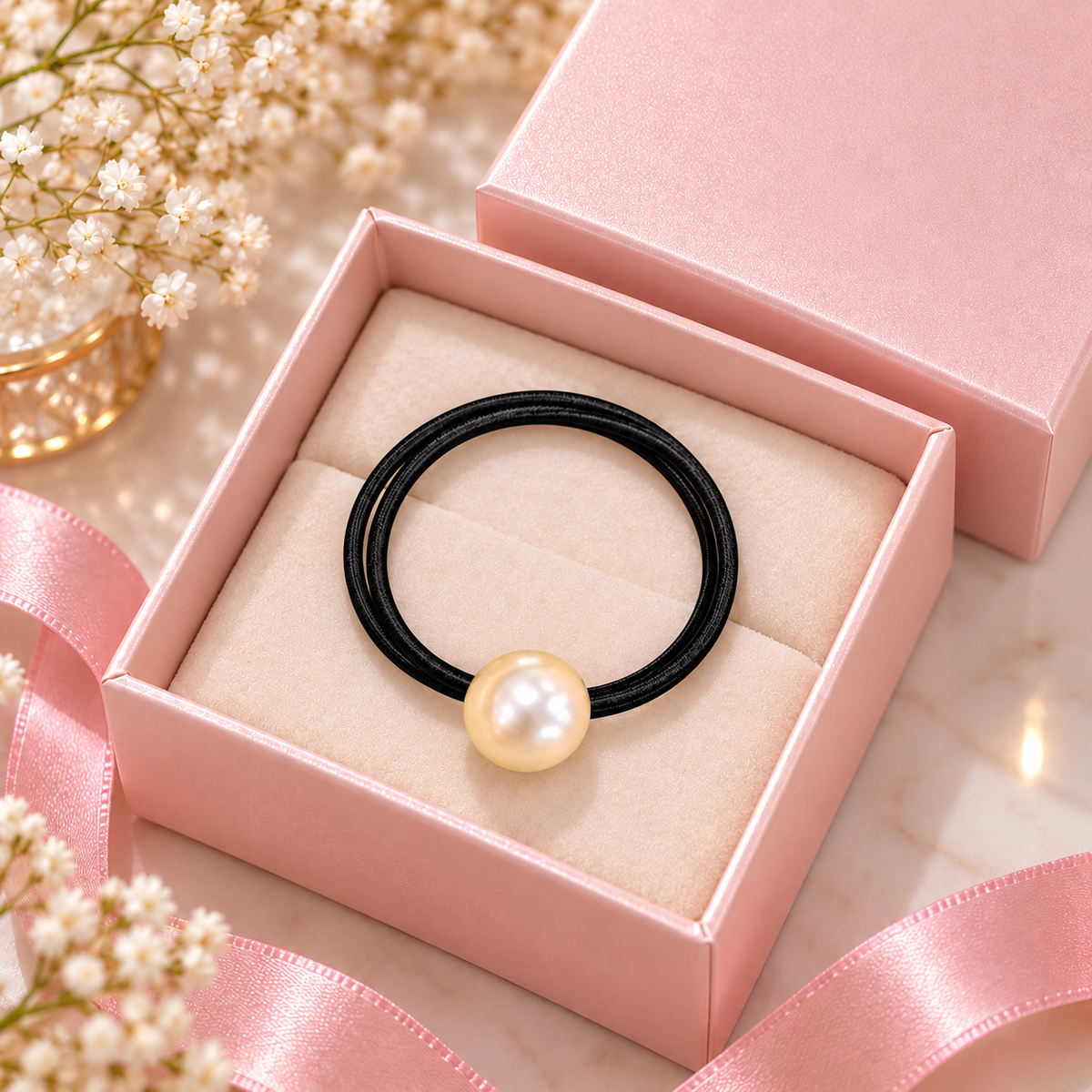 White Pearl Black Hair Tie