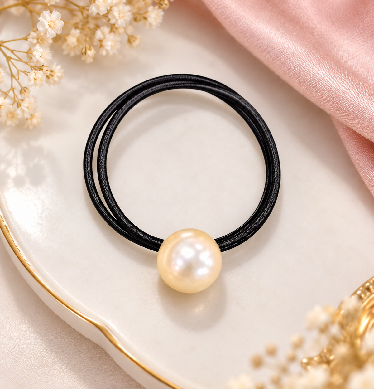 White Pearl Black Hair Tie