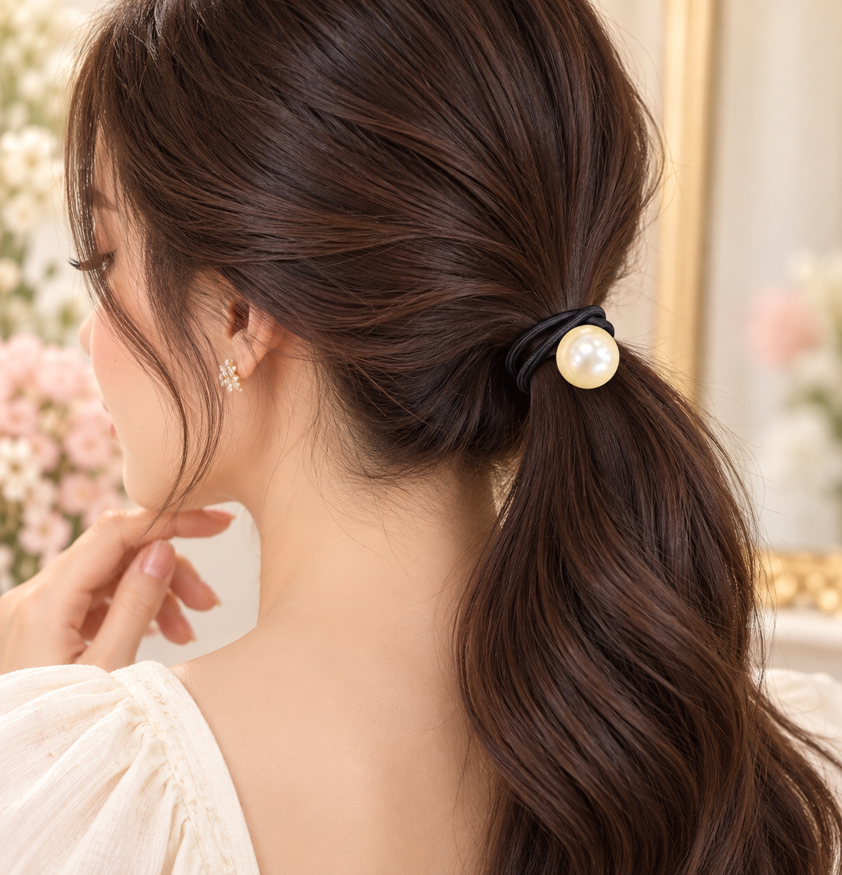 White Pearl Black Hair Tie