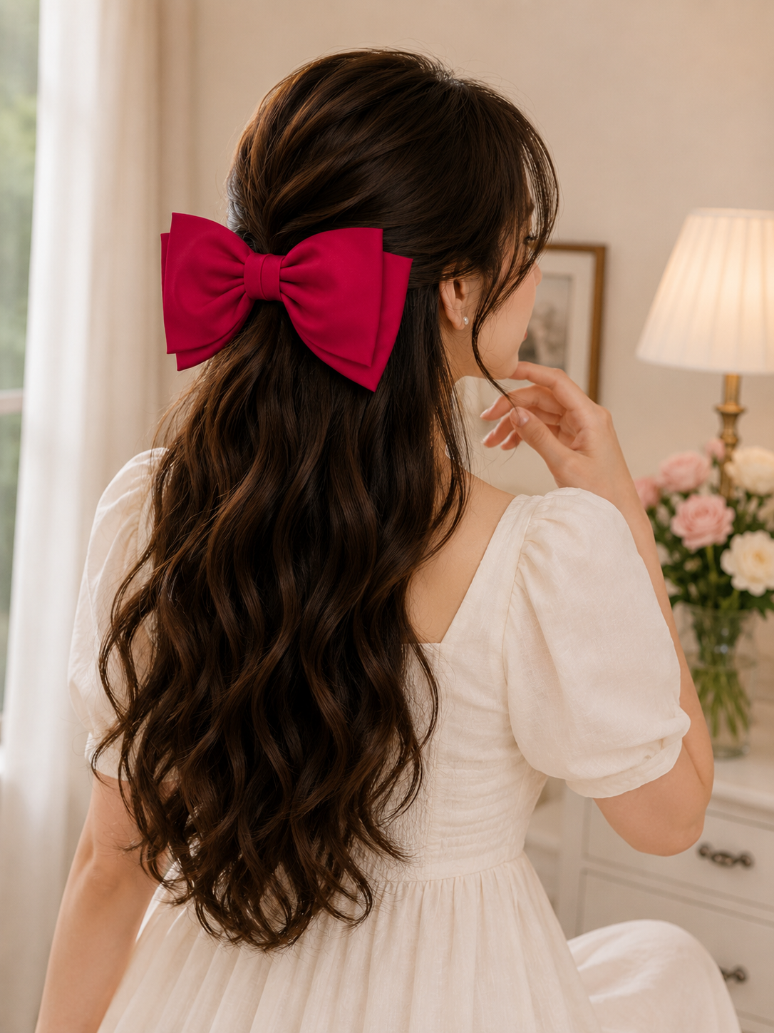 Elegant Wine Red Bow Hair Clip for Women & Girls