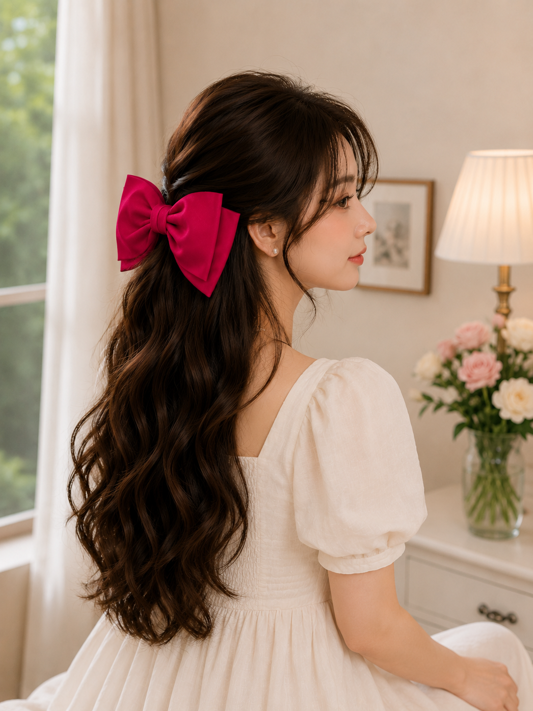 Elegant Wine Red Bow Hair Clip for Women & Girls