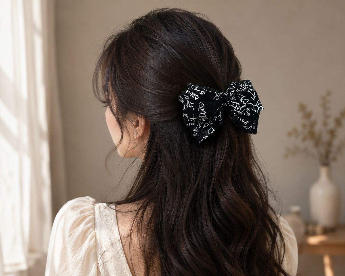 Black Printed Bow Hair Clip