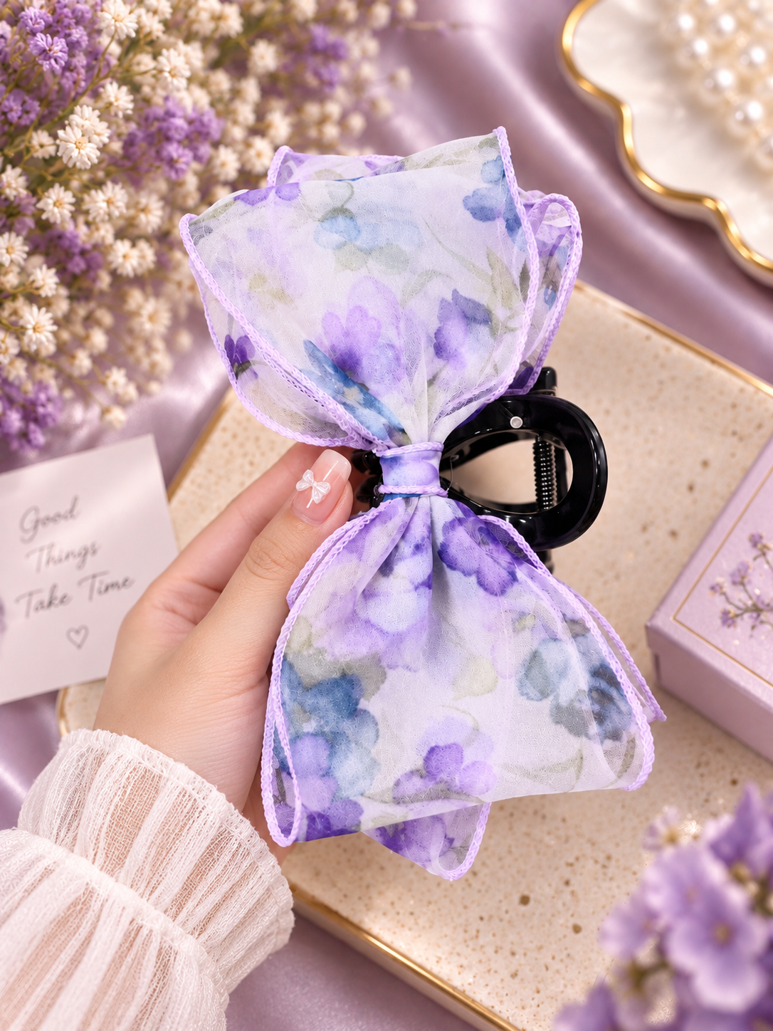 Purple Floral Bow Hair Clutcher