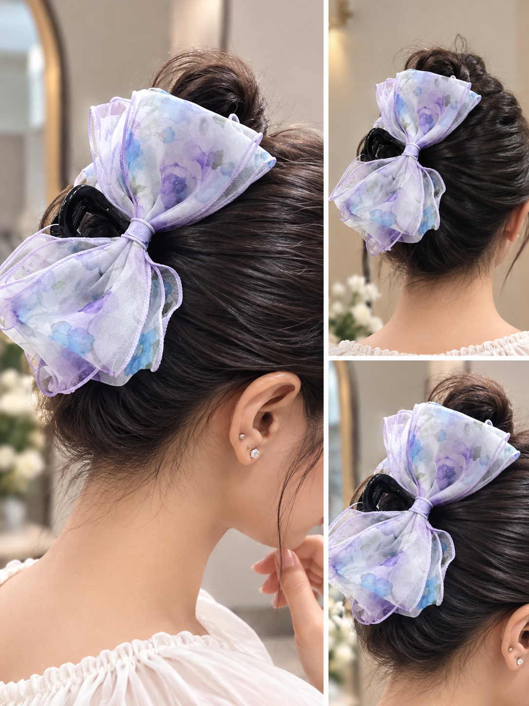 Purple Floral Bow Hair Clutcher