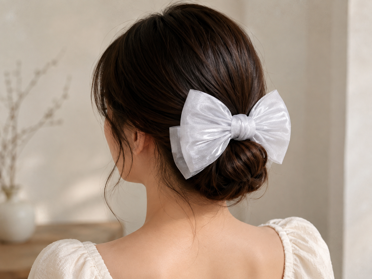 White Organza Bow Hair Clip for Women & Girls