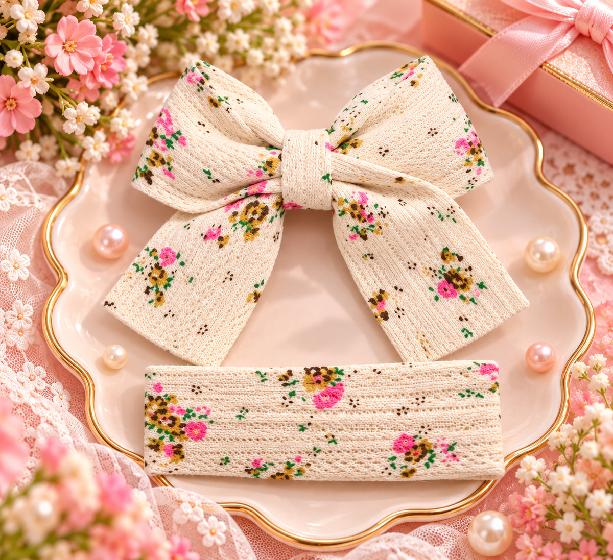 Cream Floral Bow Hair Pin Set