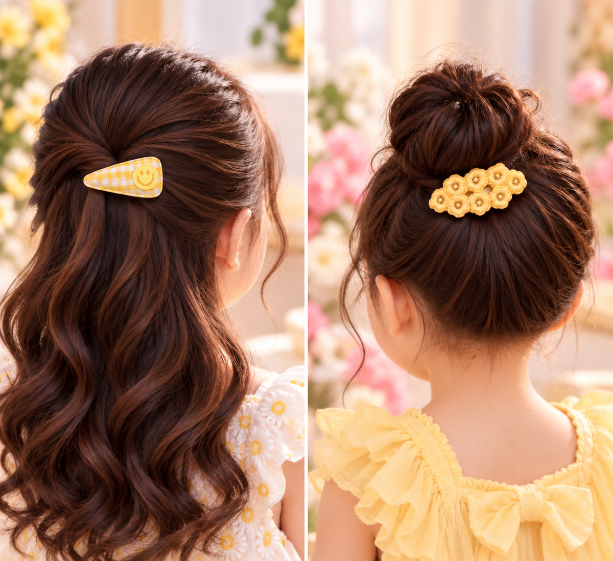 Yellow Smiley & Floral Hair Pin Set