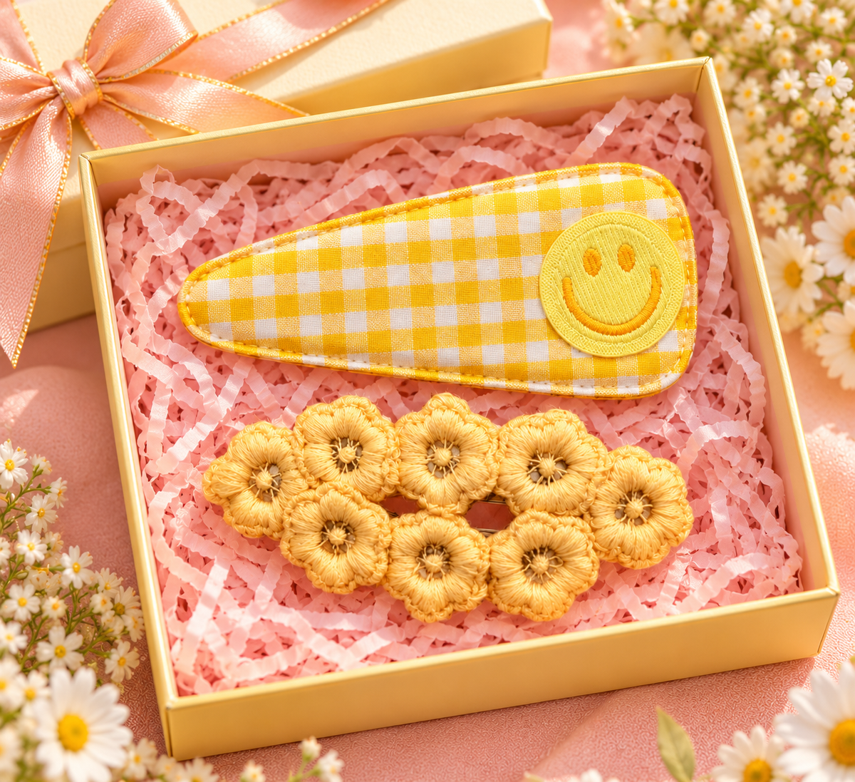 Yellow Smiley & Floral Hair Pin Set