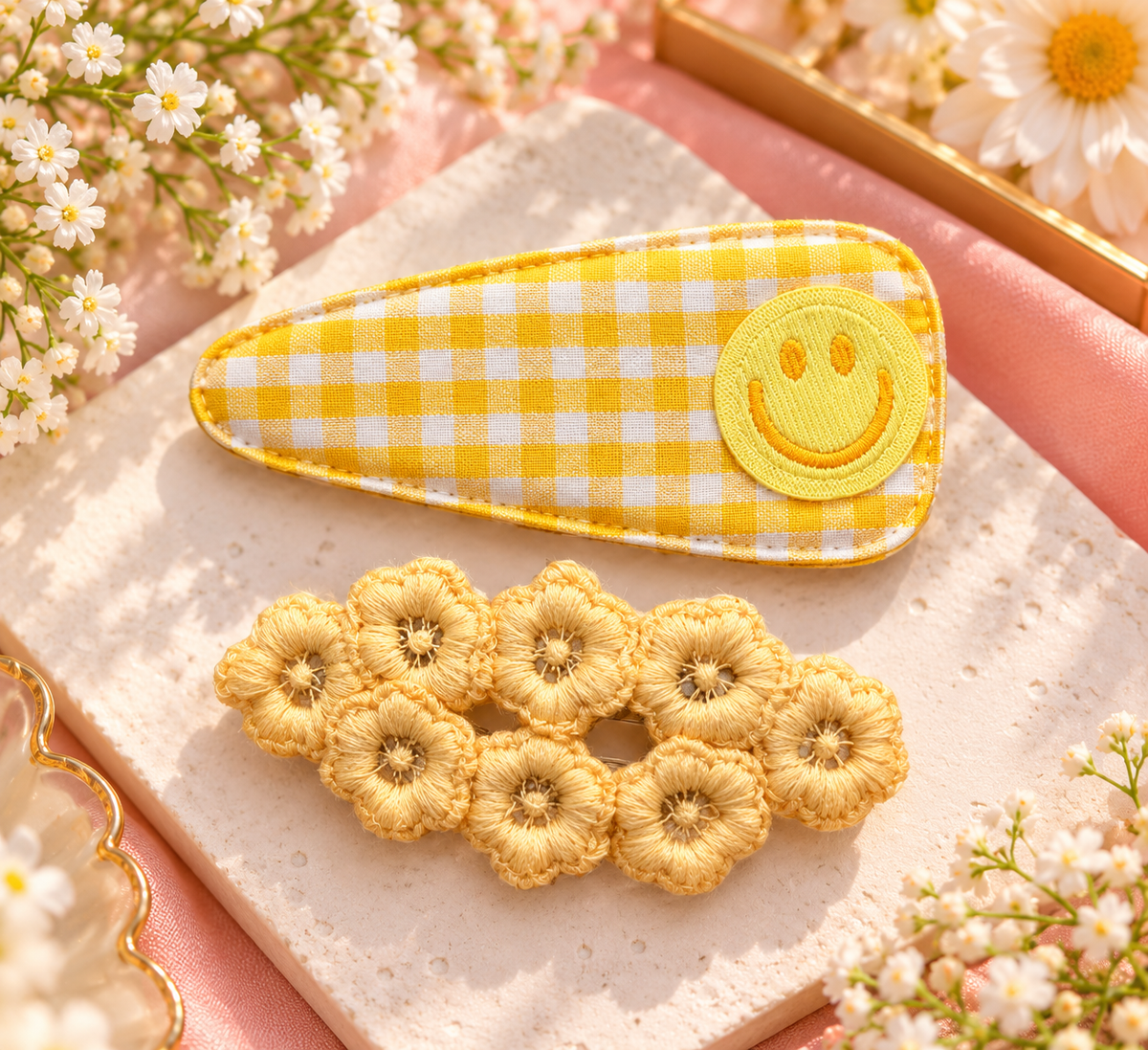 Yellow Smiley & Floral Hair Pin Set