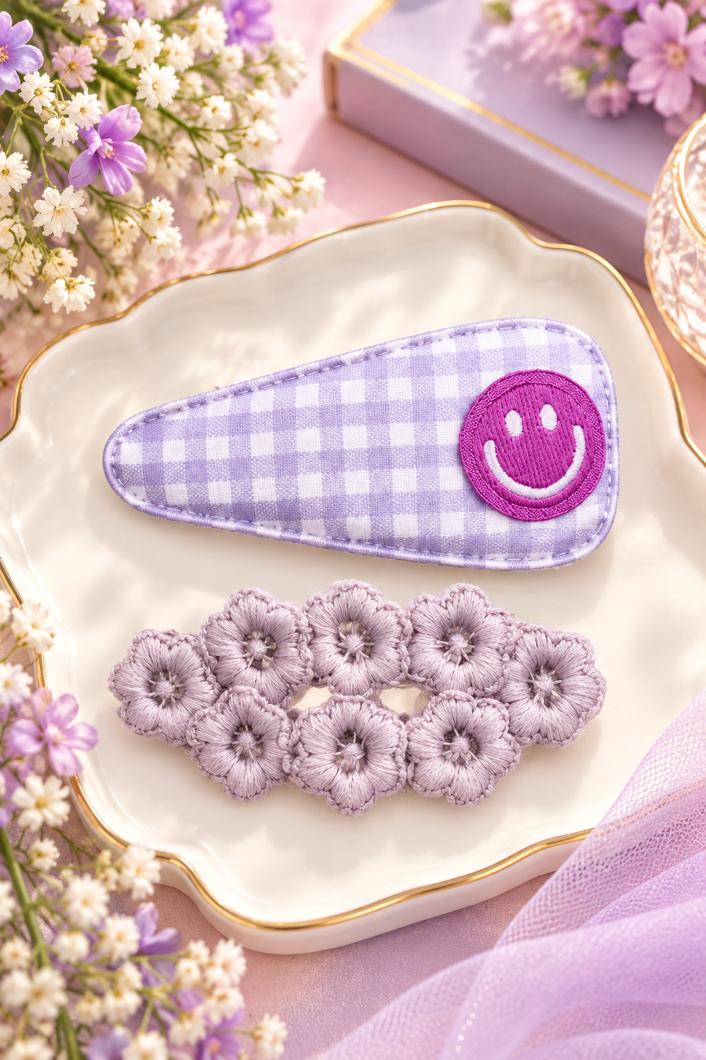 Purple Smiley & Floral Hair Pin Set