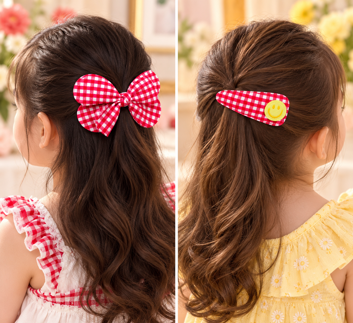 Red Checkered Bow & Smiley Hair Pin Set