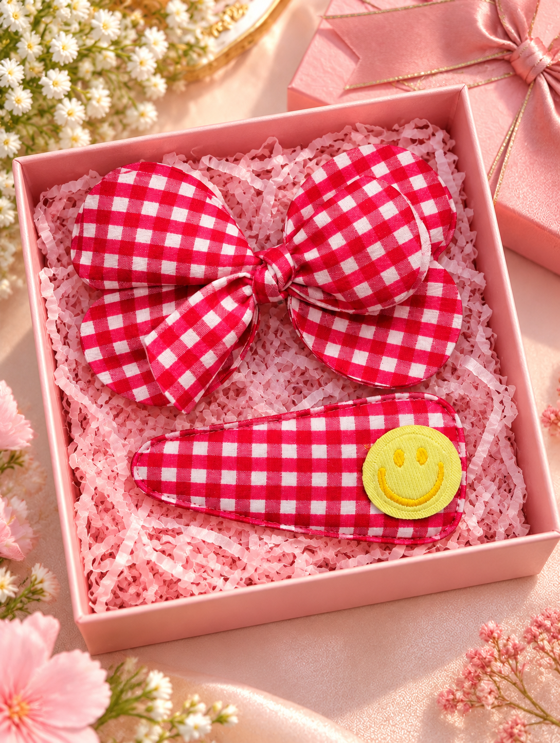 Red Checkered Bow & Smiley Hair Pin Set