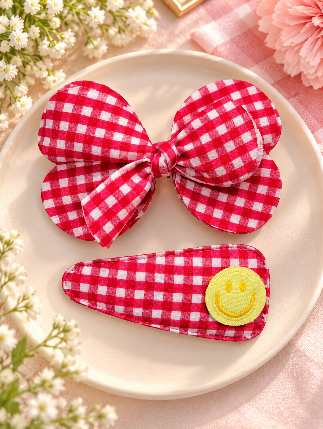 Red Checkered Bow & Smiley Hair Pin Set