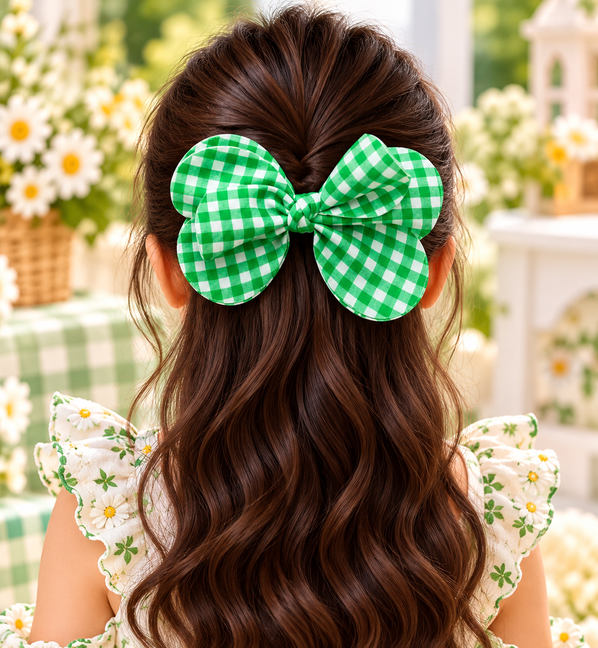 Green Checkered Bow Hair Pin Set