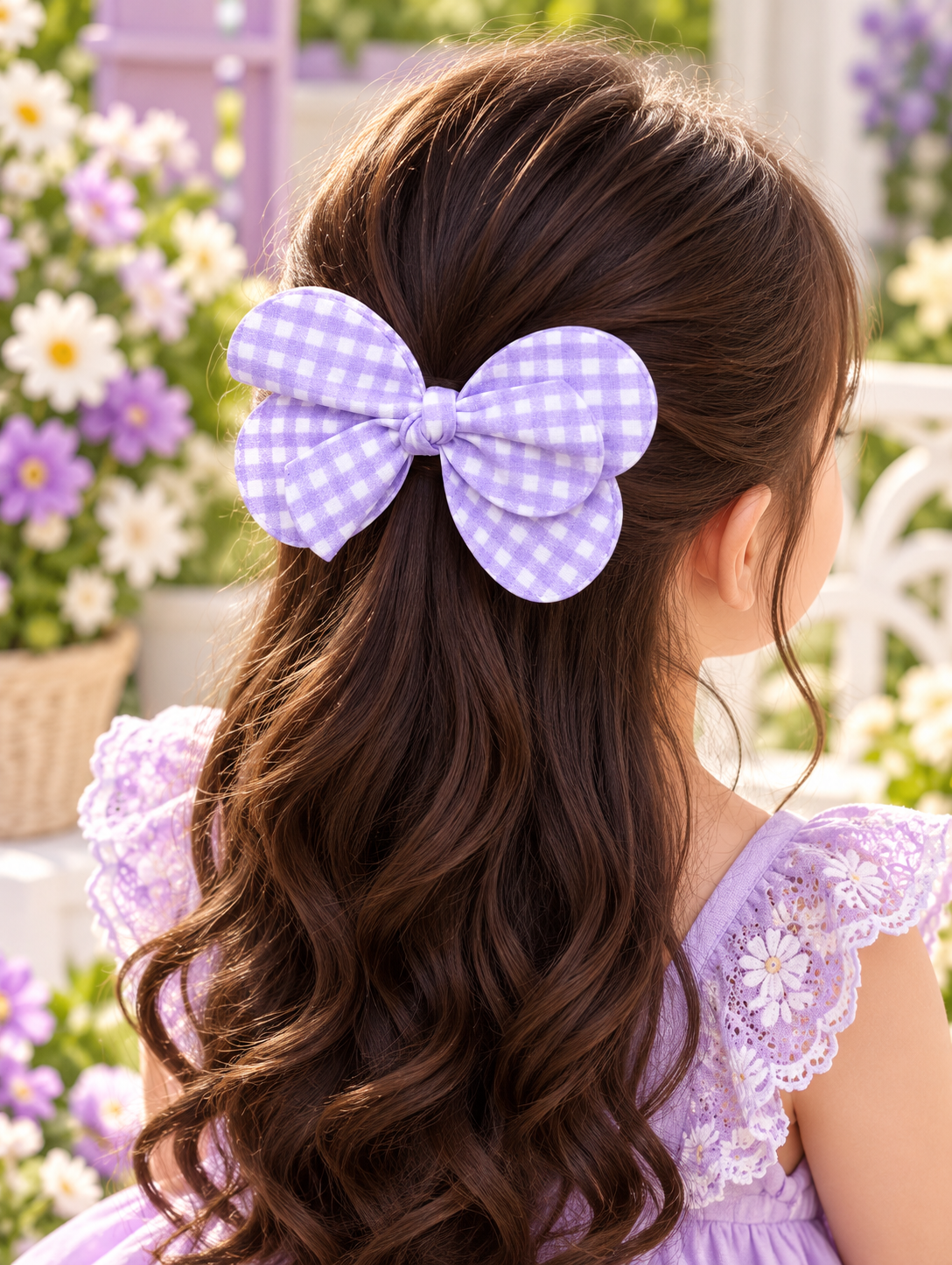 Purple Checkered Bow & Smiley Hair Pin Set