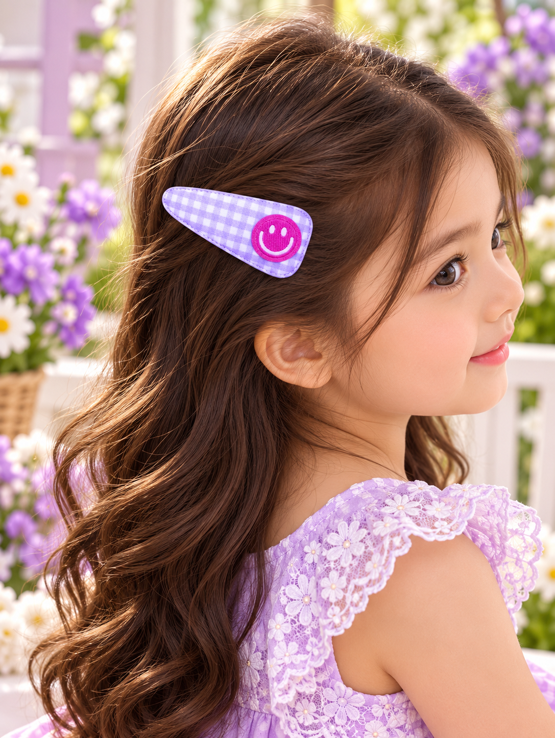 Purple Checkered Bow & Smiley Hair Pin Set