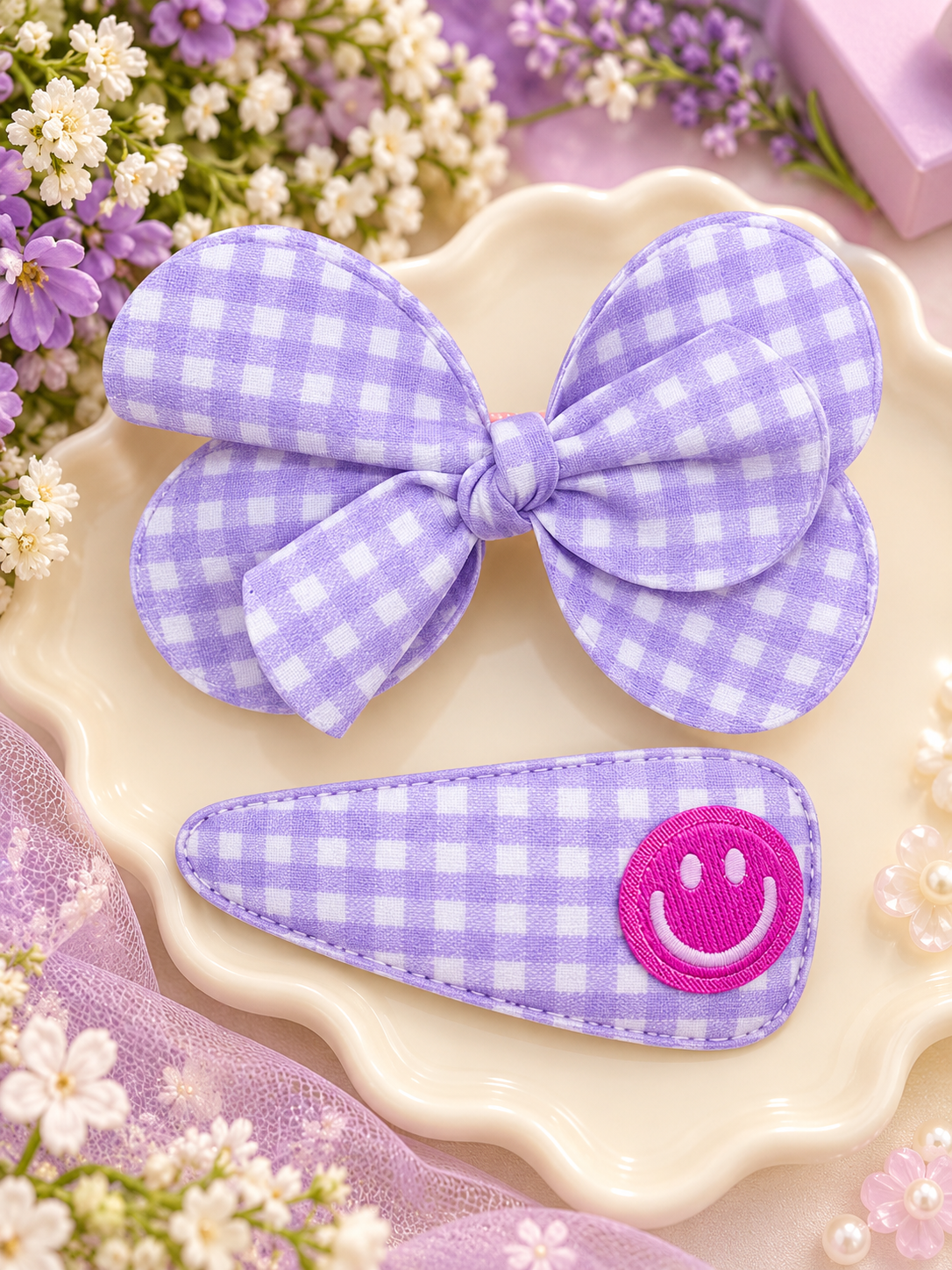 Purple Checkered Bow & Smiley Hair Pin Set