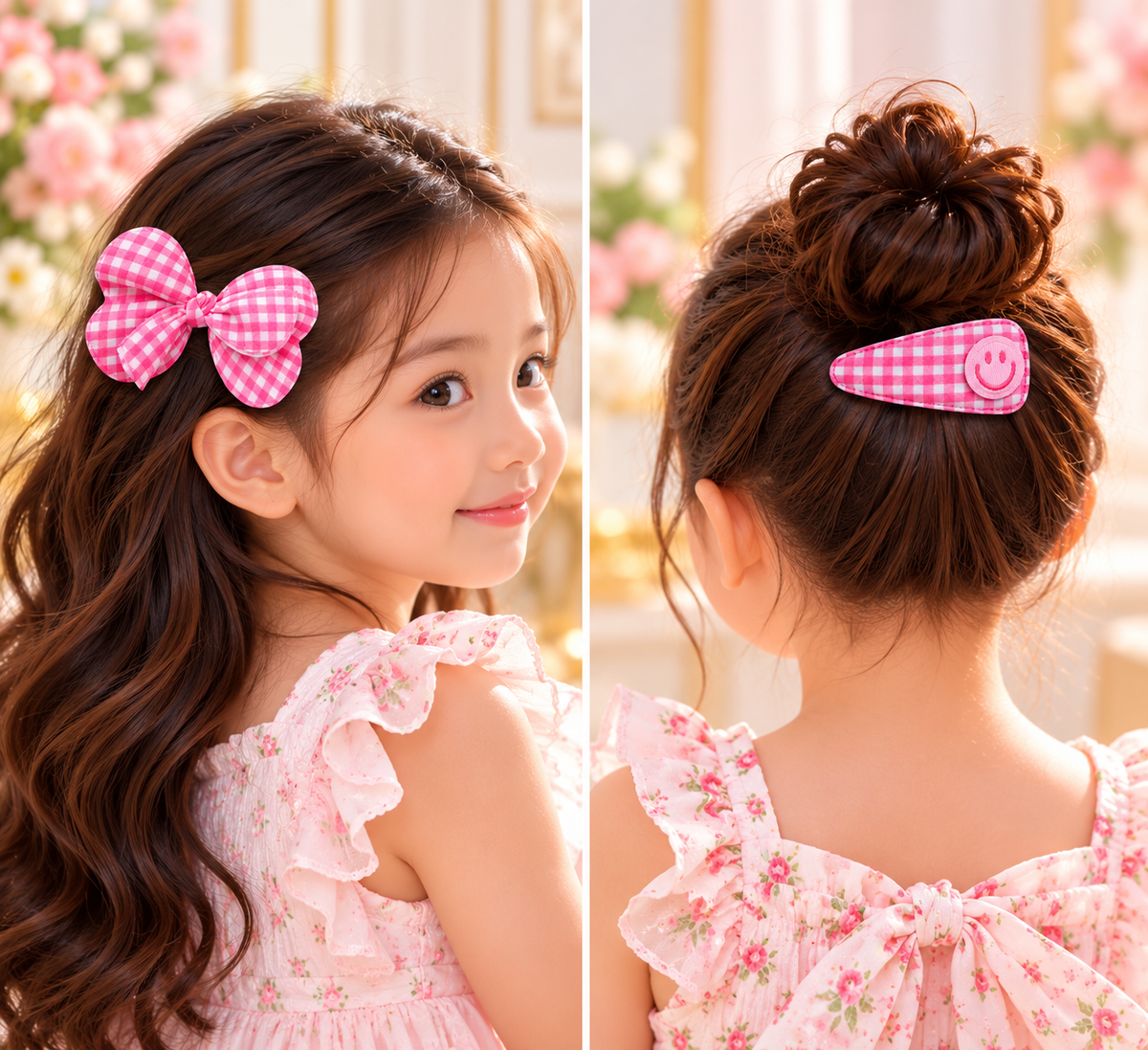 Pink Checkered Bow & Smiley Hair Pin Set