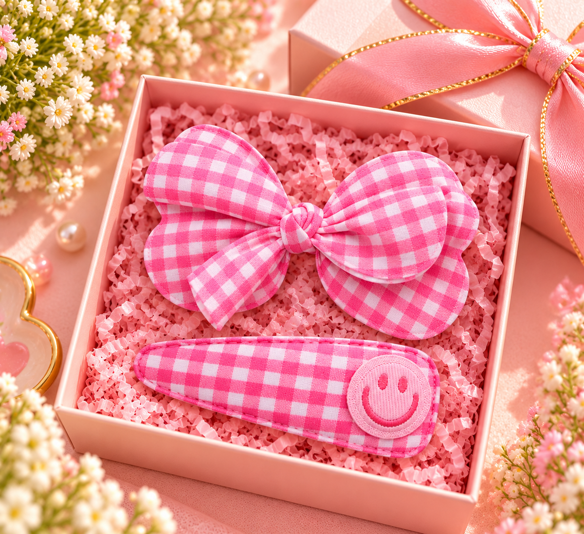 Pink Checkered Bow & Smiley Hair Pin Set