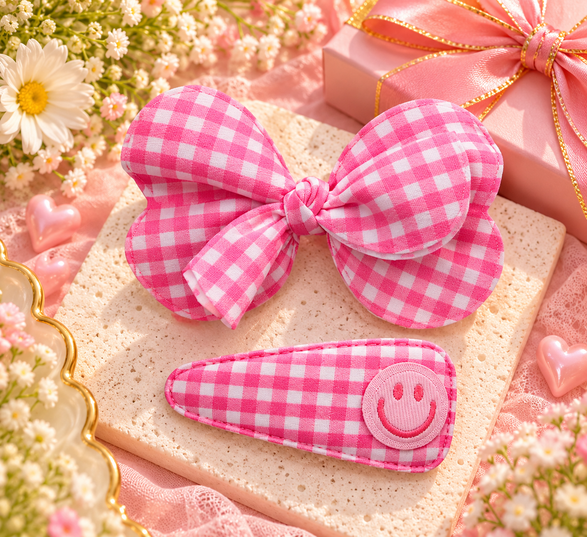 Pink Checkered Bow & Smiley Hair Pin Set