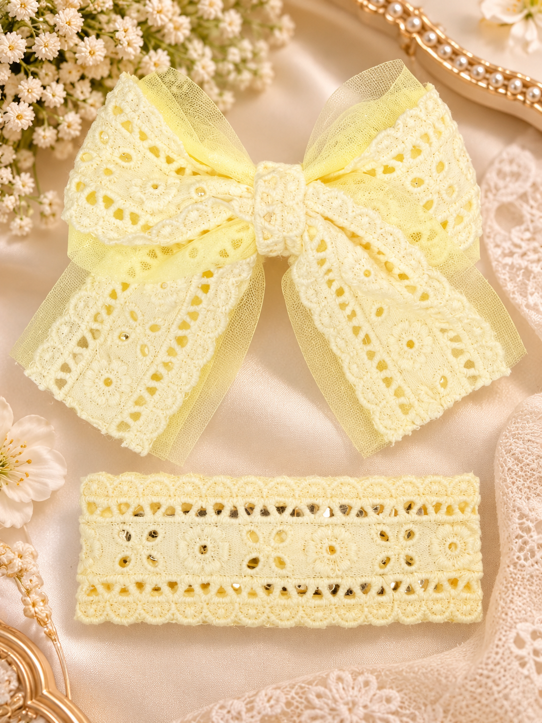 Yellow Lace Bow Hair Pin Set