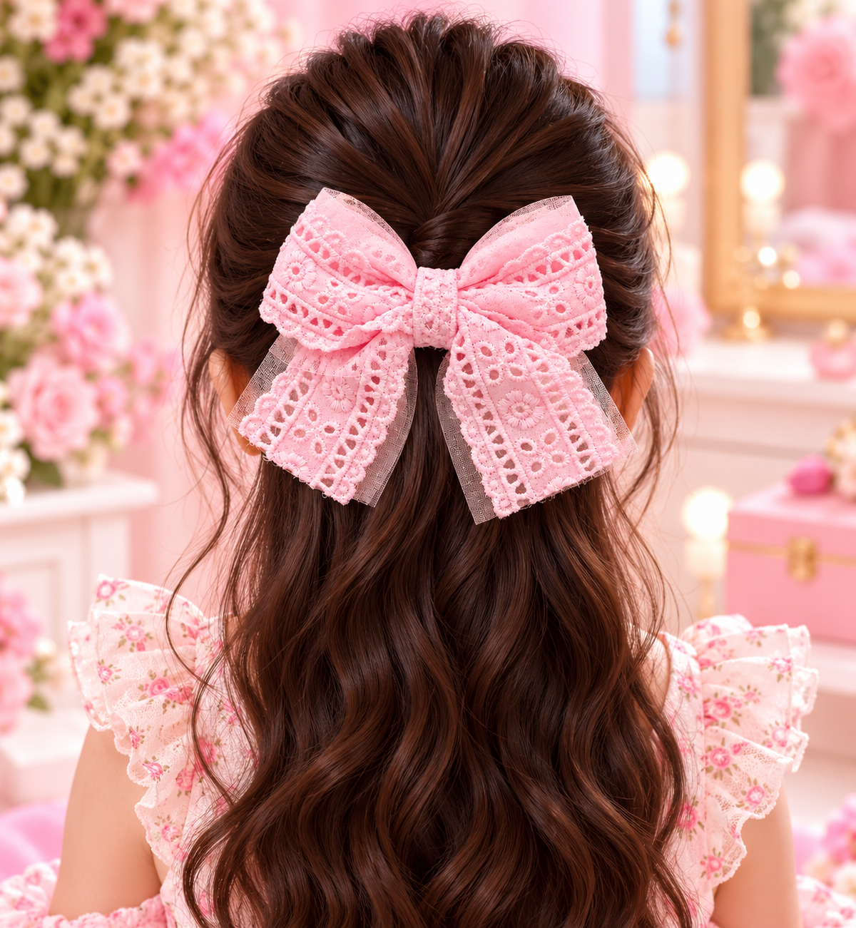 Pink Floral Lace Bow Hair Pin Set
