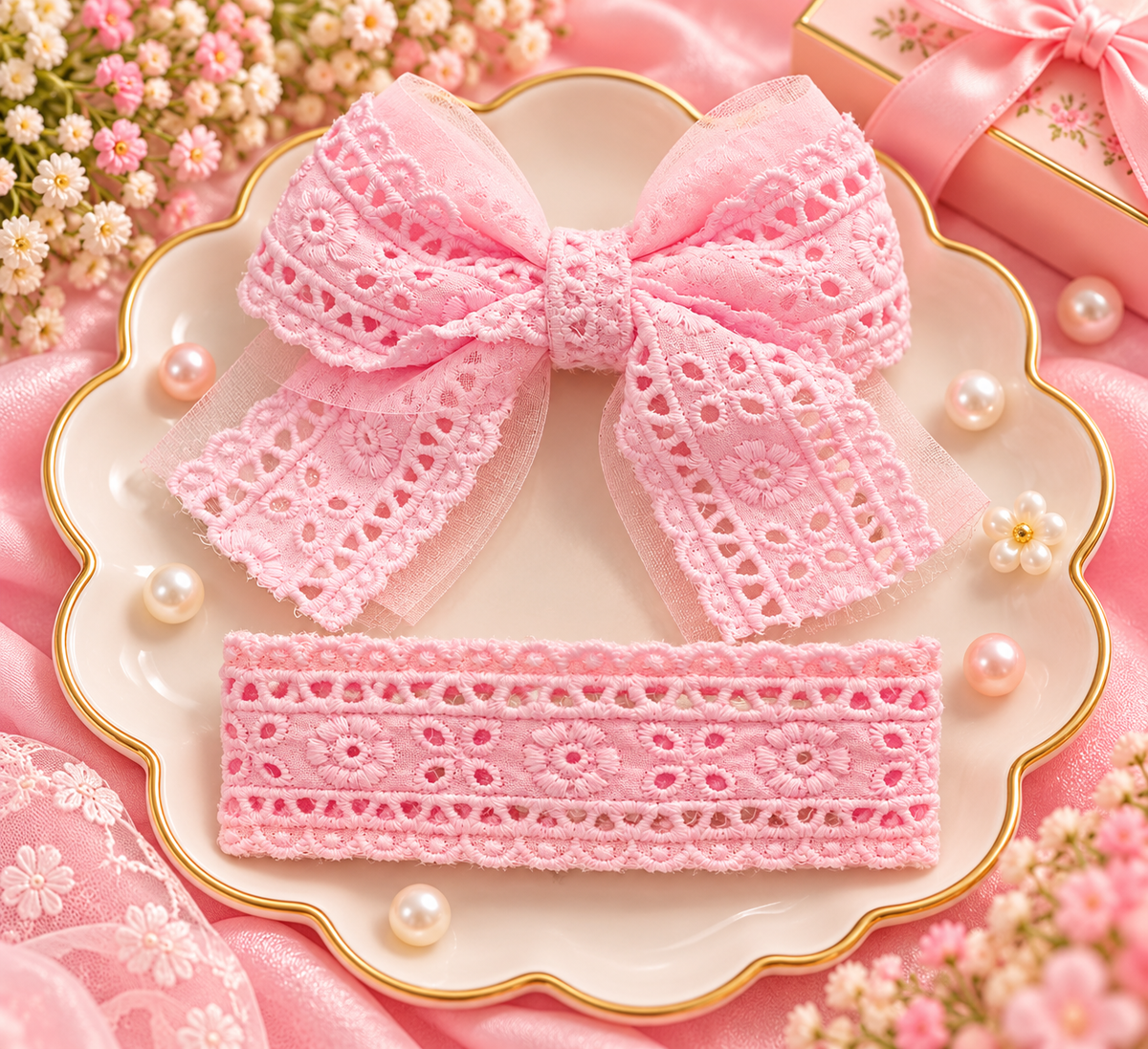 Pink Floral Lace Bow Hair Pin Set