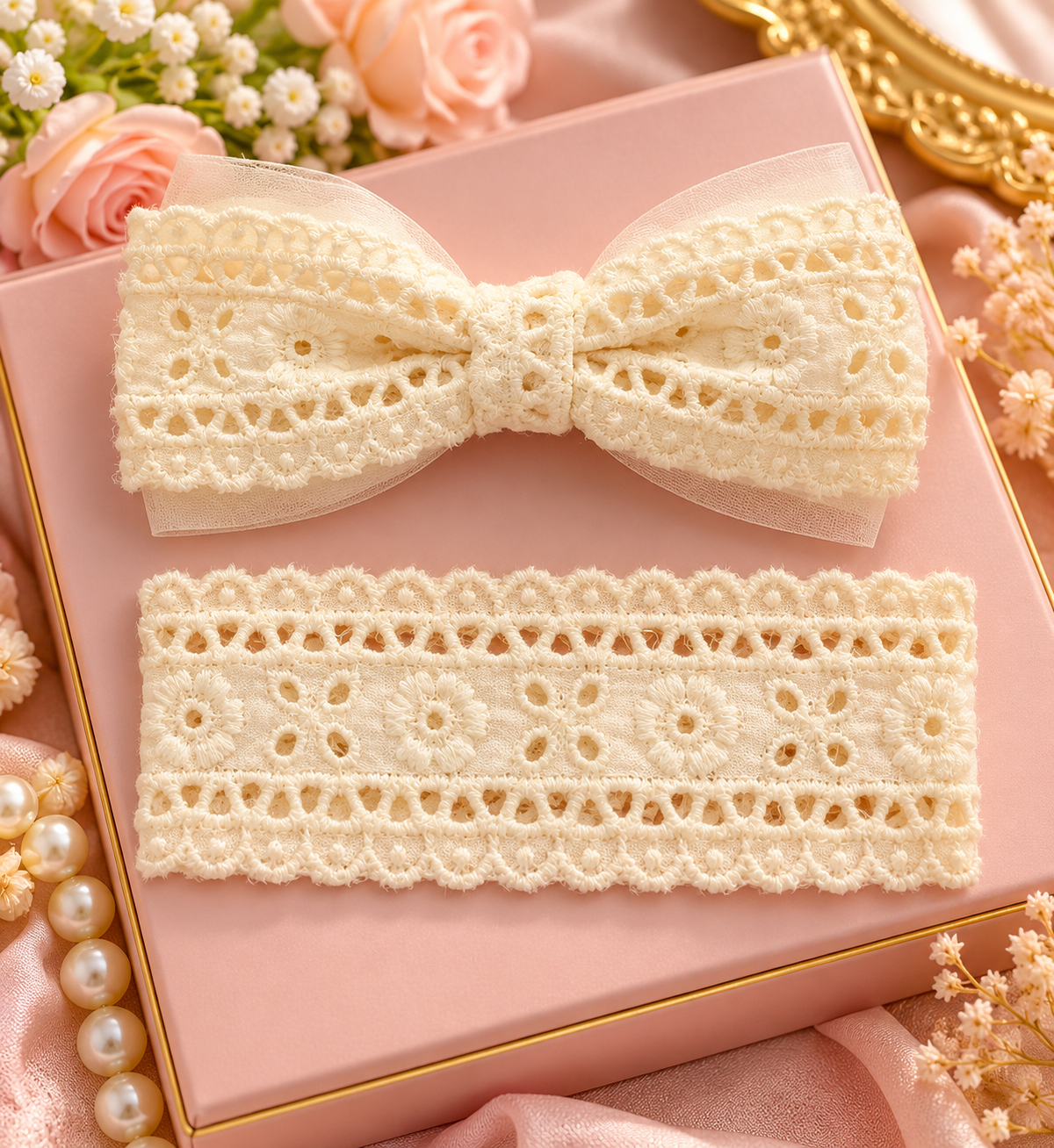 Cream Floral Lace Bow Hair Pin Set