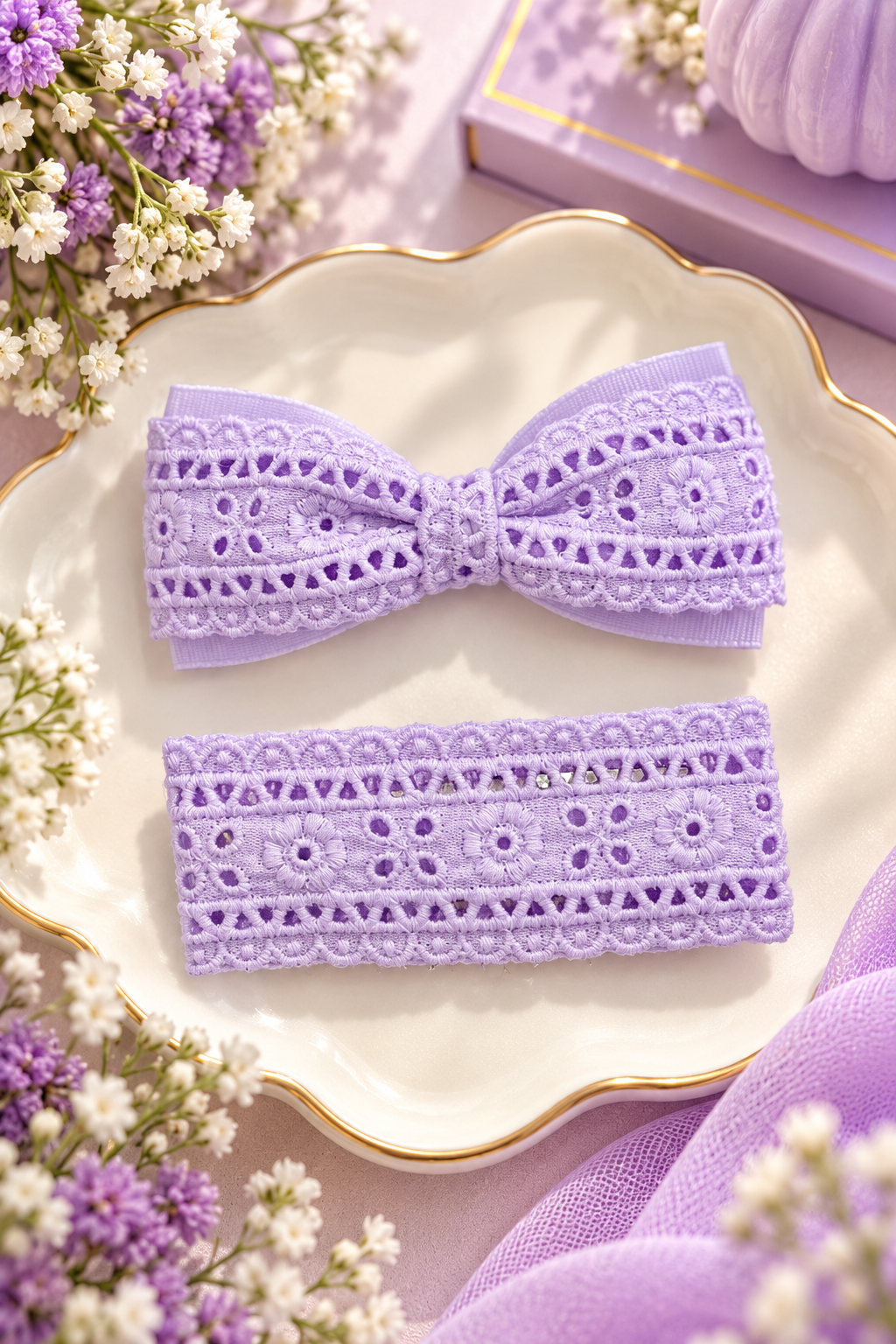 Purple Floral Lace Bow Hair Pin Set
