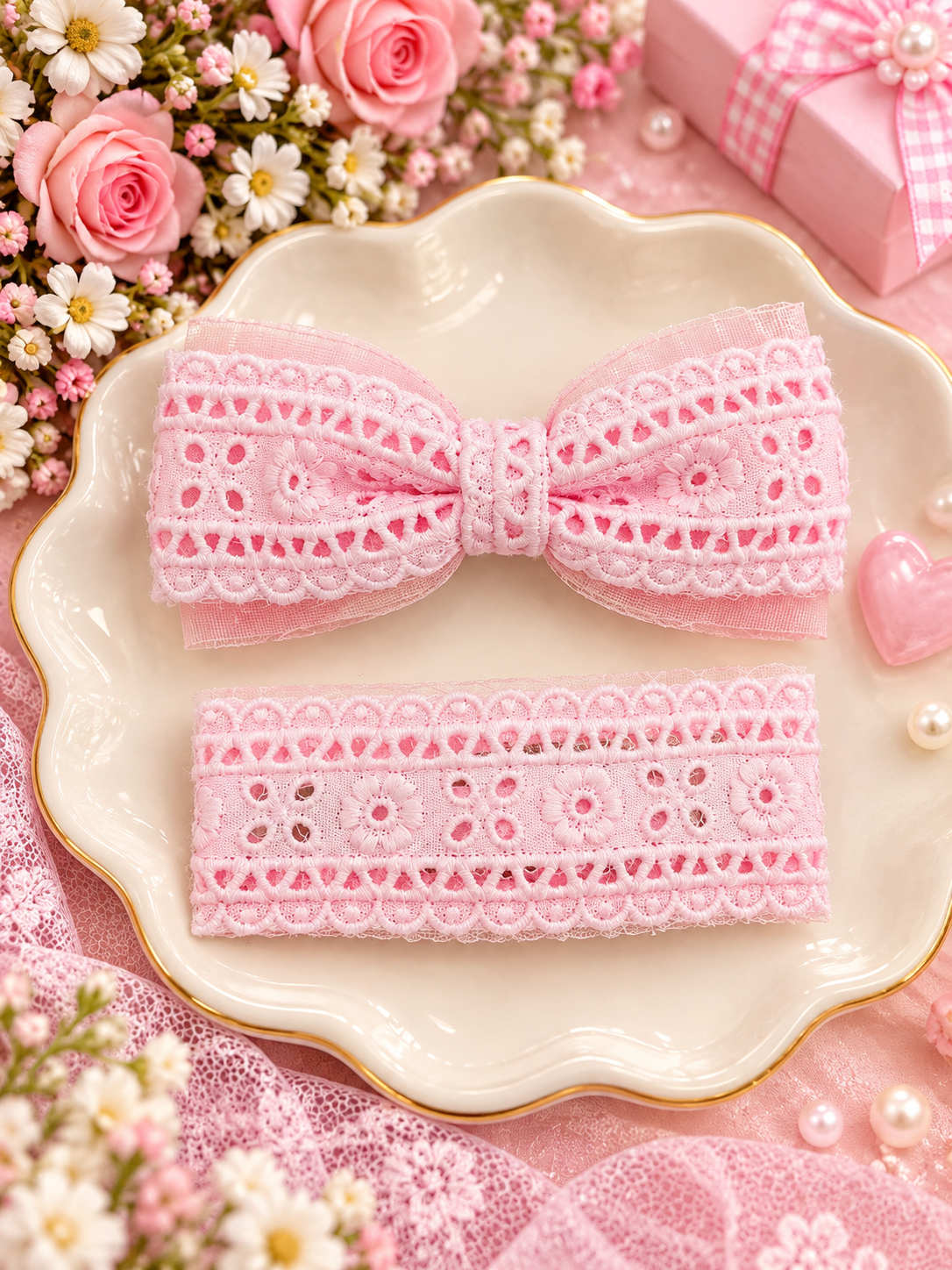 Pink Floral Lace Bow Hair Pin Set