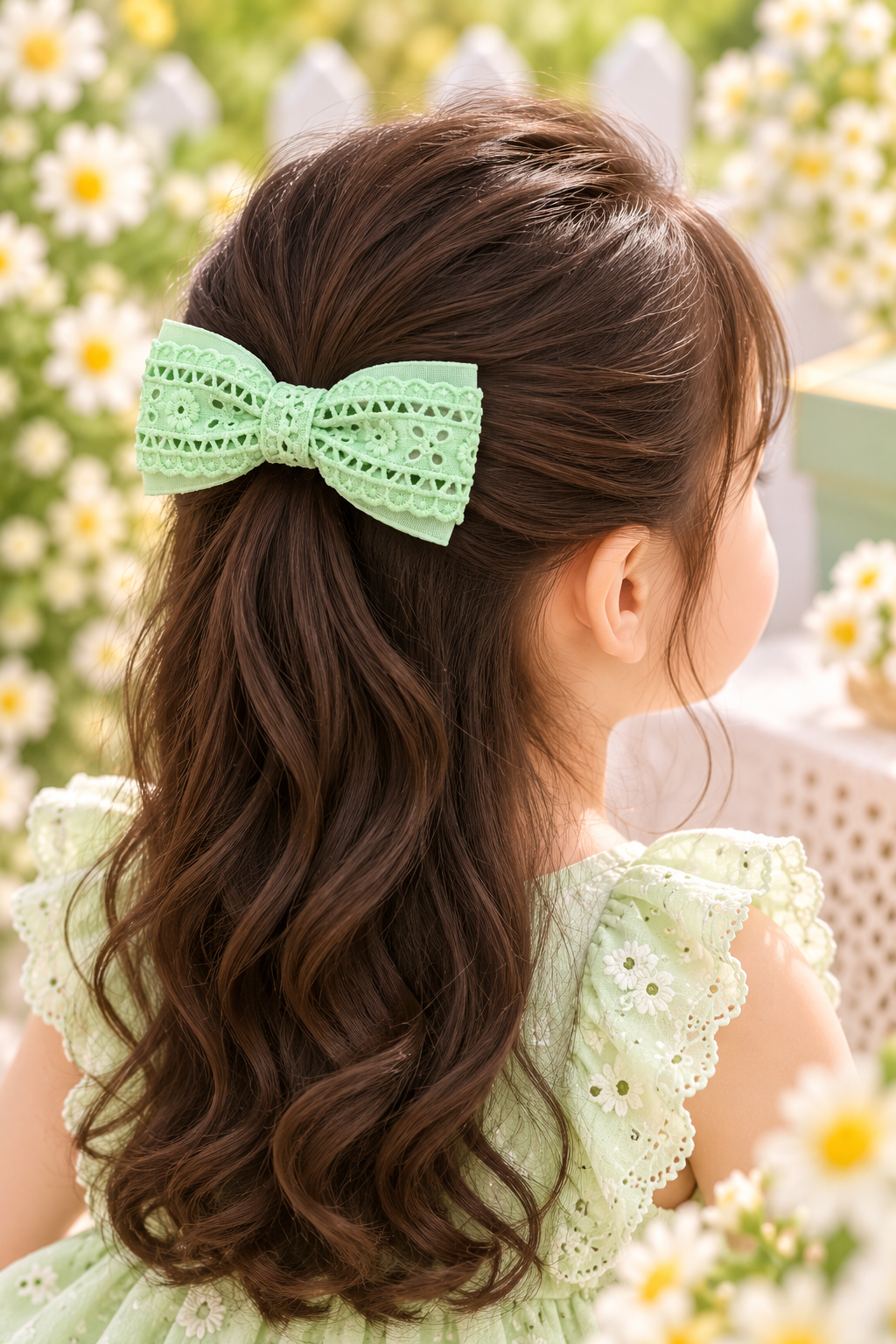 Mint Green Floral Lace Bow Hair Pin Set