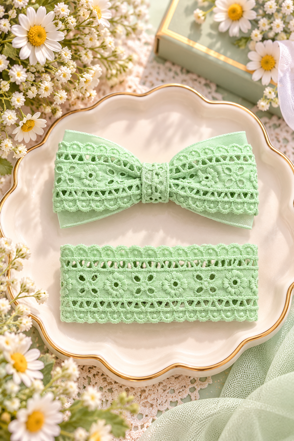 Mint Green Floral Lace Bow Hair Pin Set