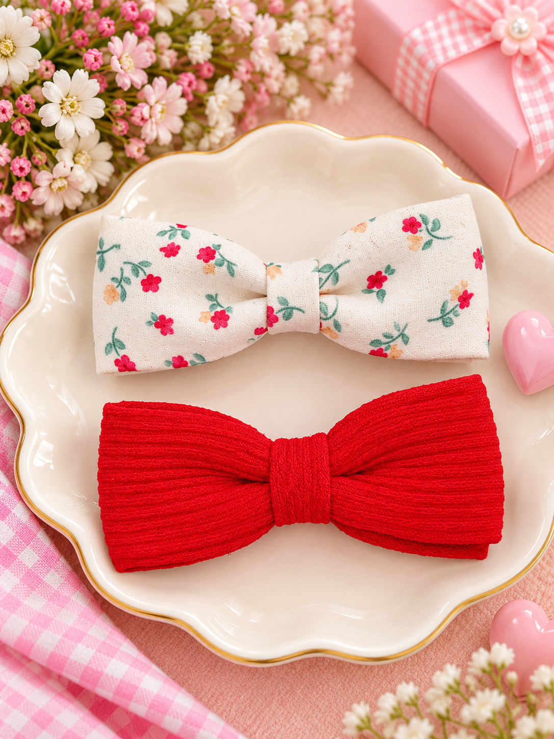 Red Floral Bow Hair Pin Set