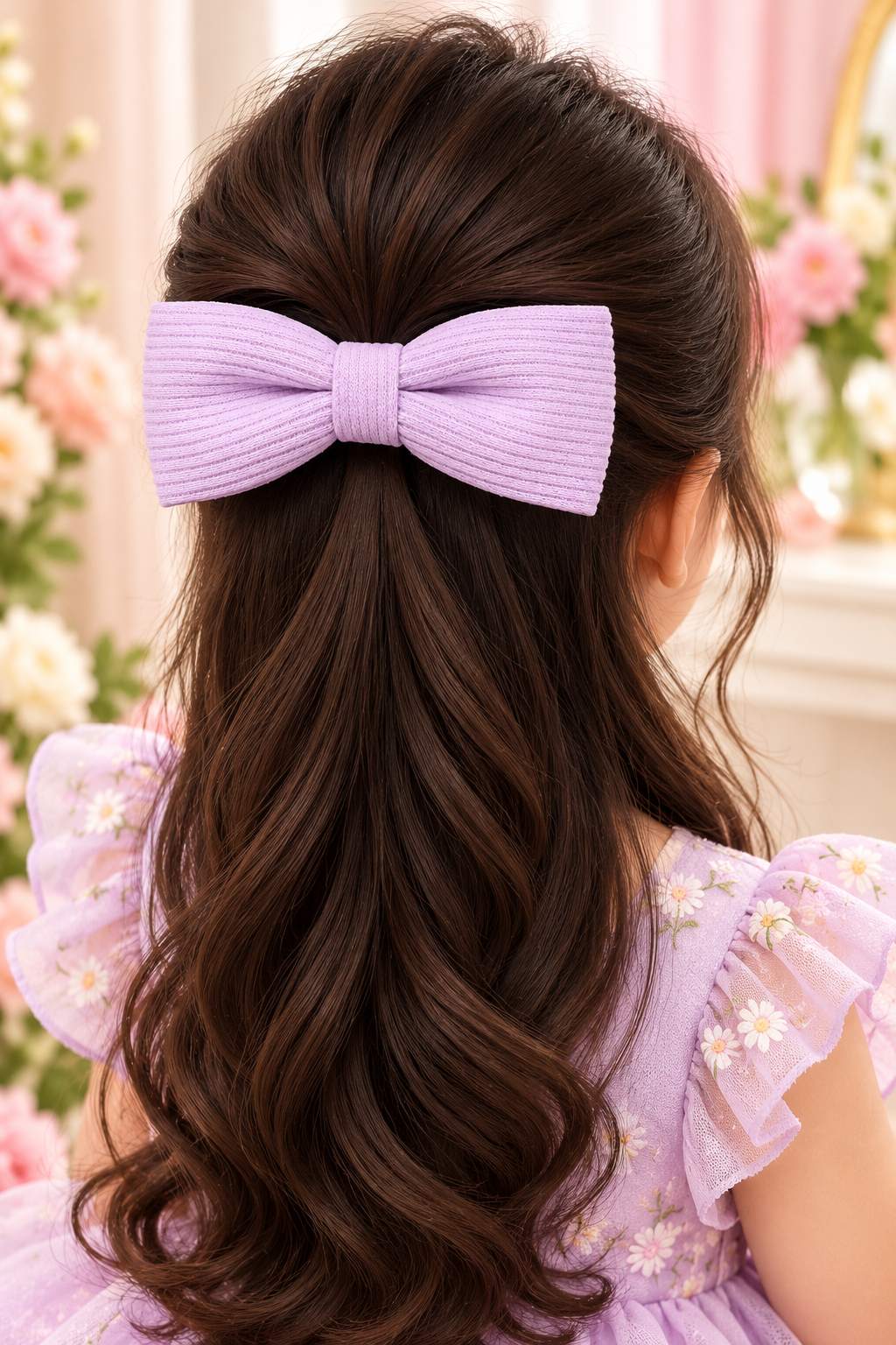 Floral Print and Lavender Bow Hair Clip Set