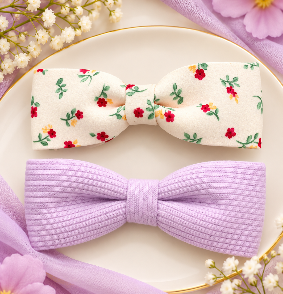 Floral Print and Lavender Bow Hair Clip Set