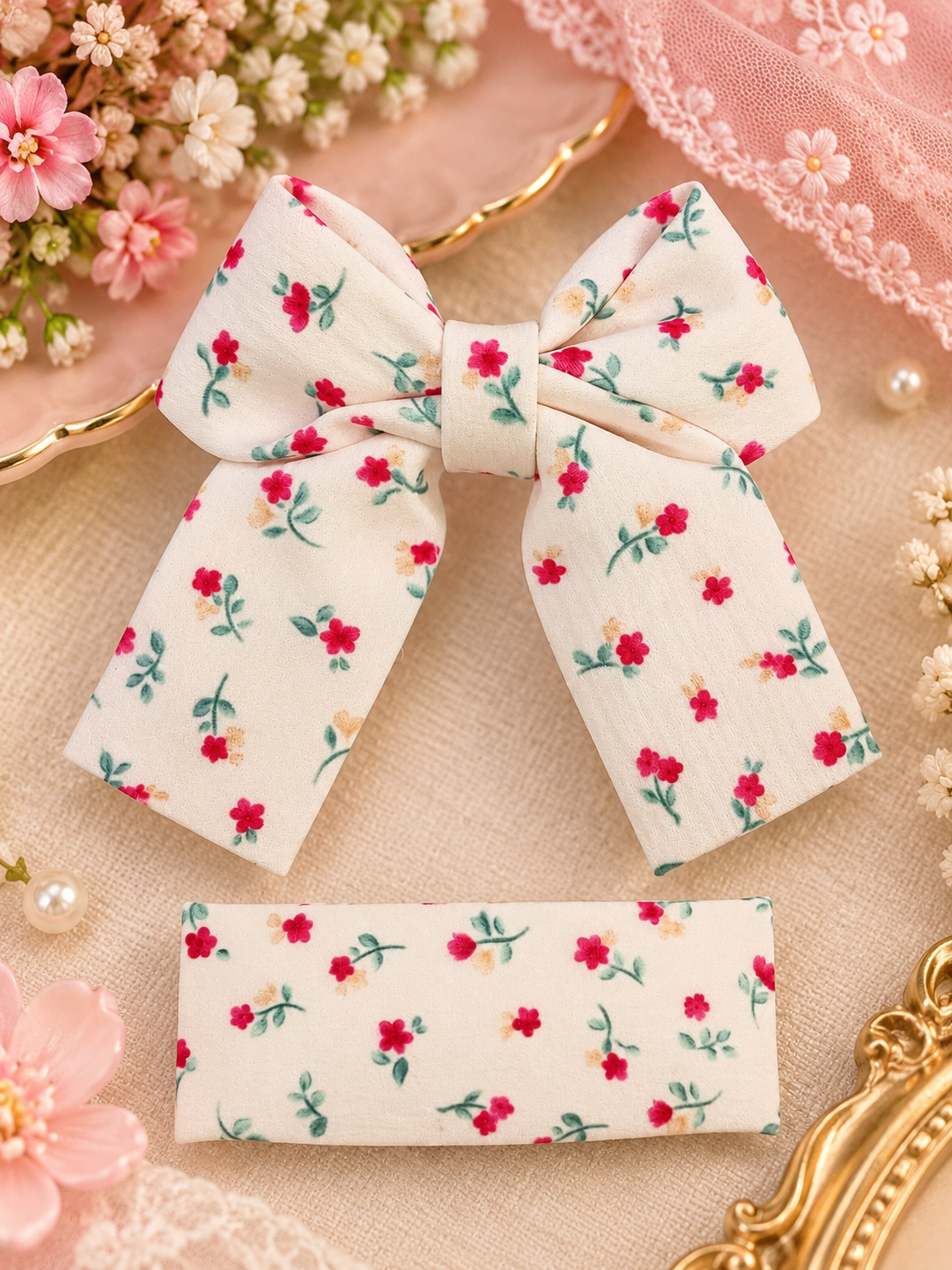 Cream Floral Bow Hair Pin Set