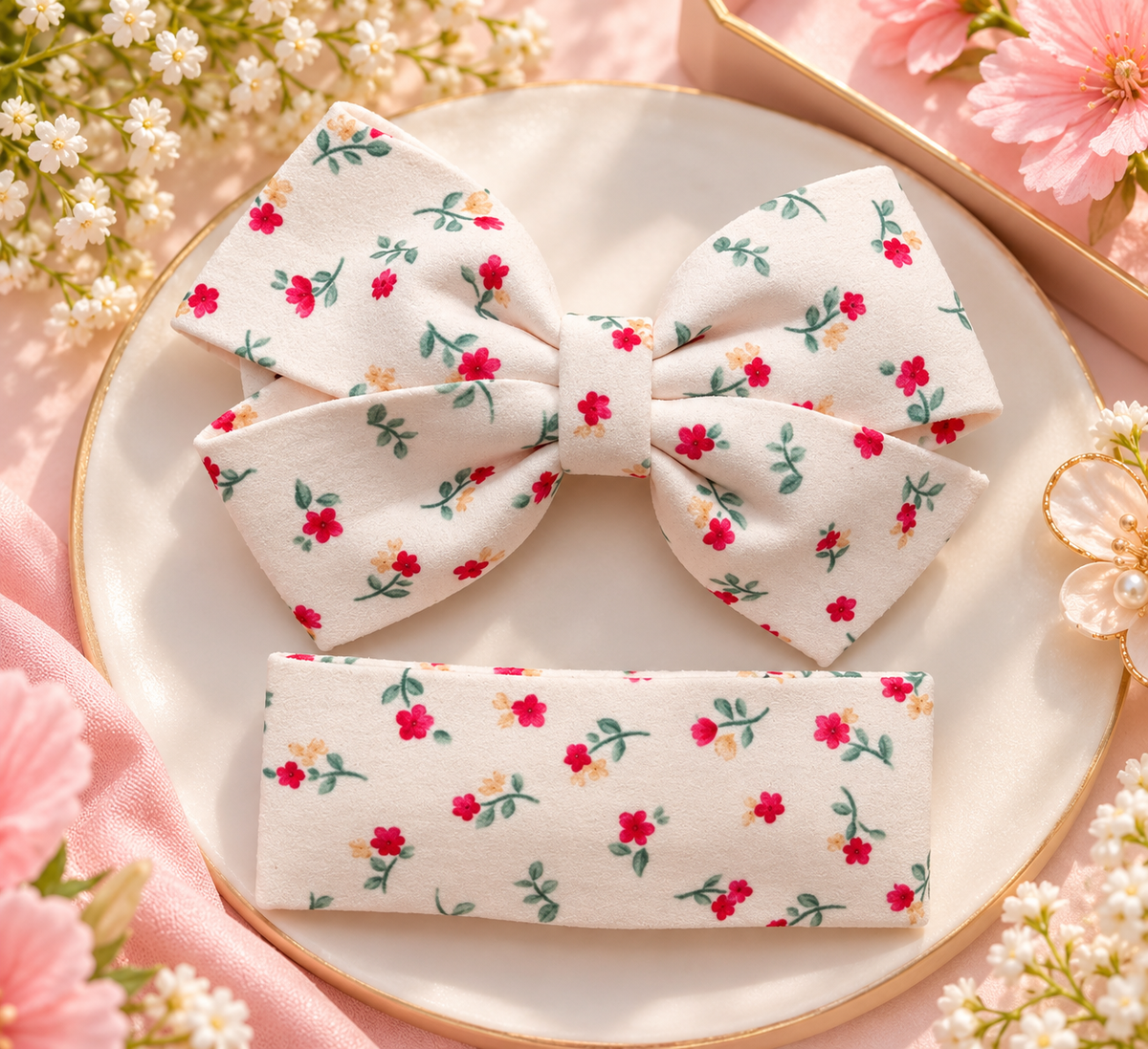 Cream Floral Bow Hair Pin Set