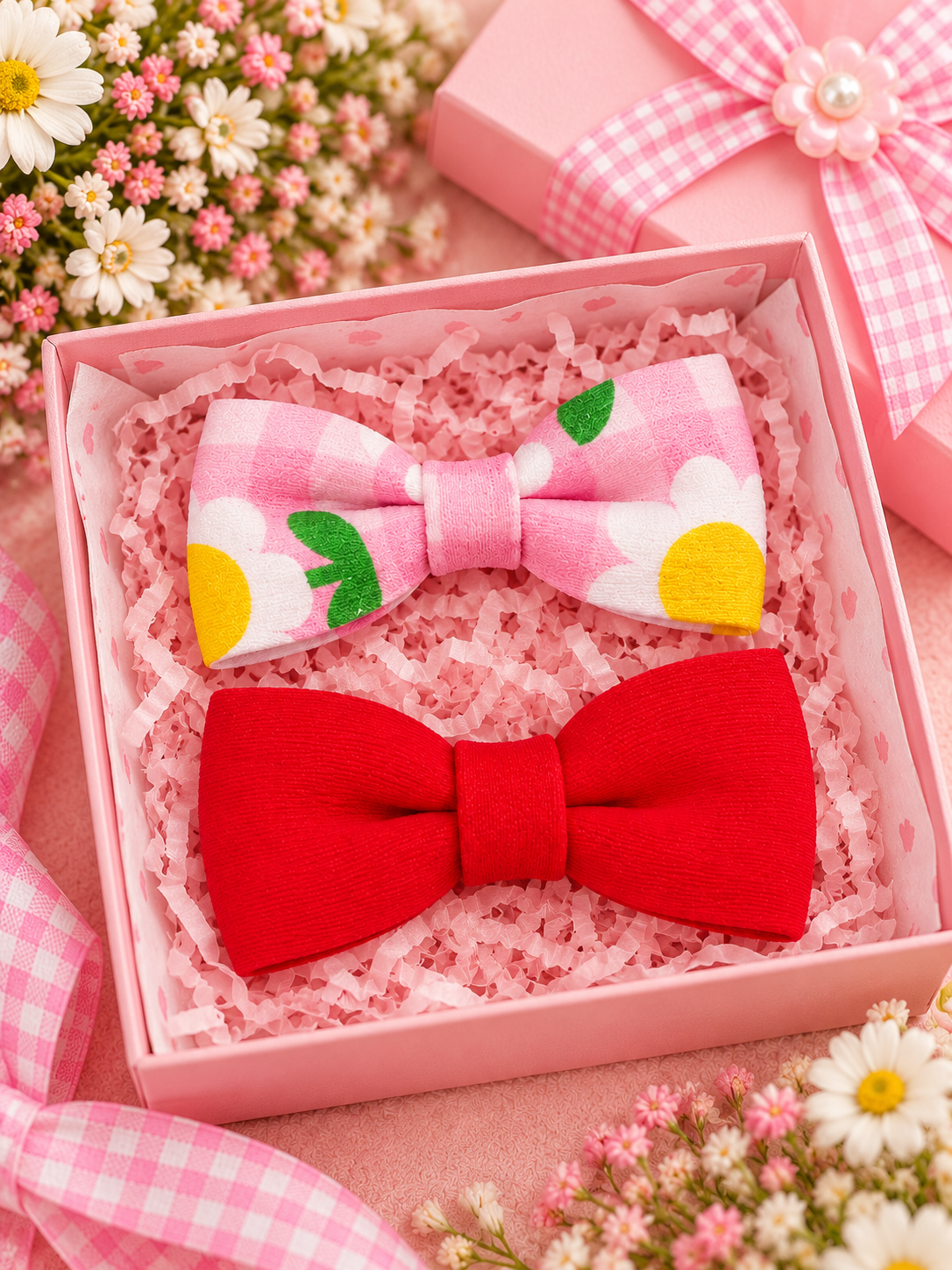 Pink Floral & Red Bow Hair Pin Set