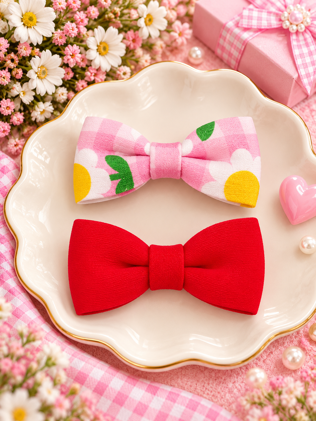 Pink Floral & Red Bow Hair Pin Set
