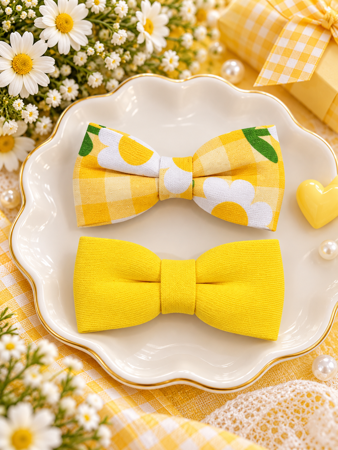 Yellow Daisy Floral Bow Hair Pin Set